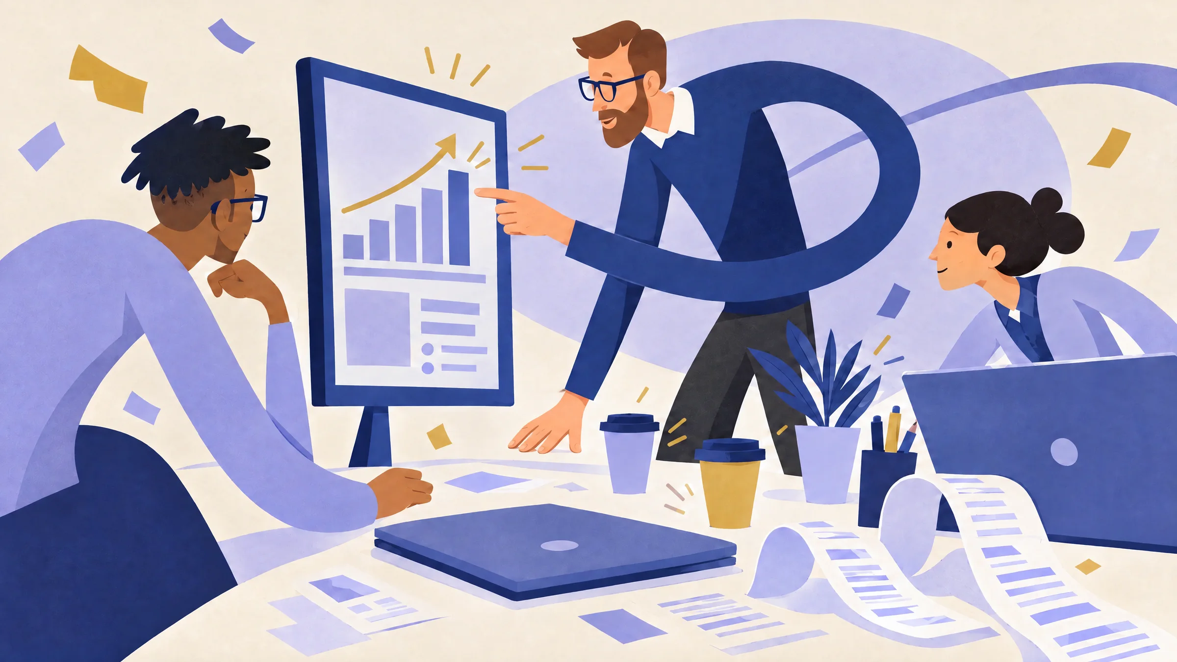 An illustration of a man pointing at a rising bar chart on a tall monitor while two colleagues lean in, with a long paper receipt curling across the desk.