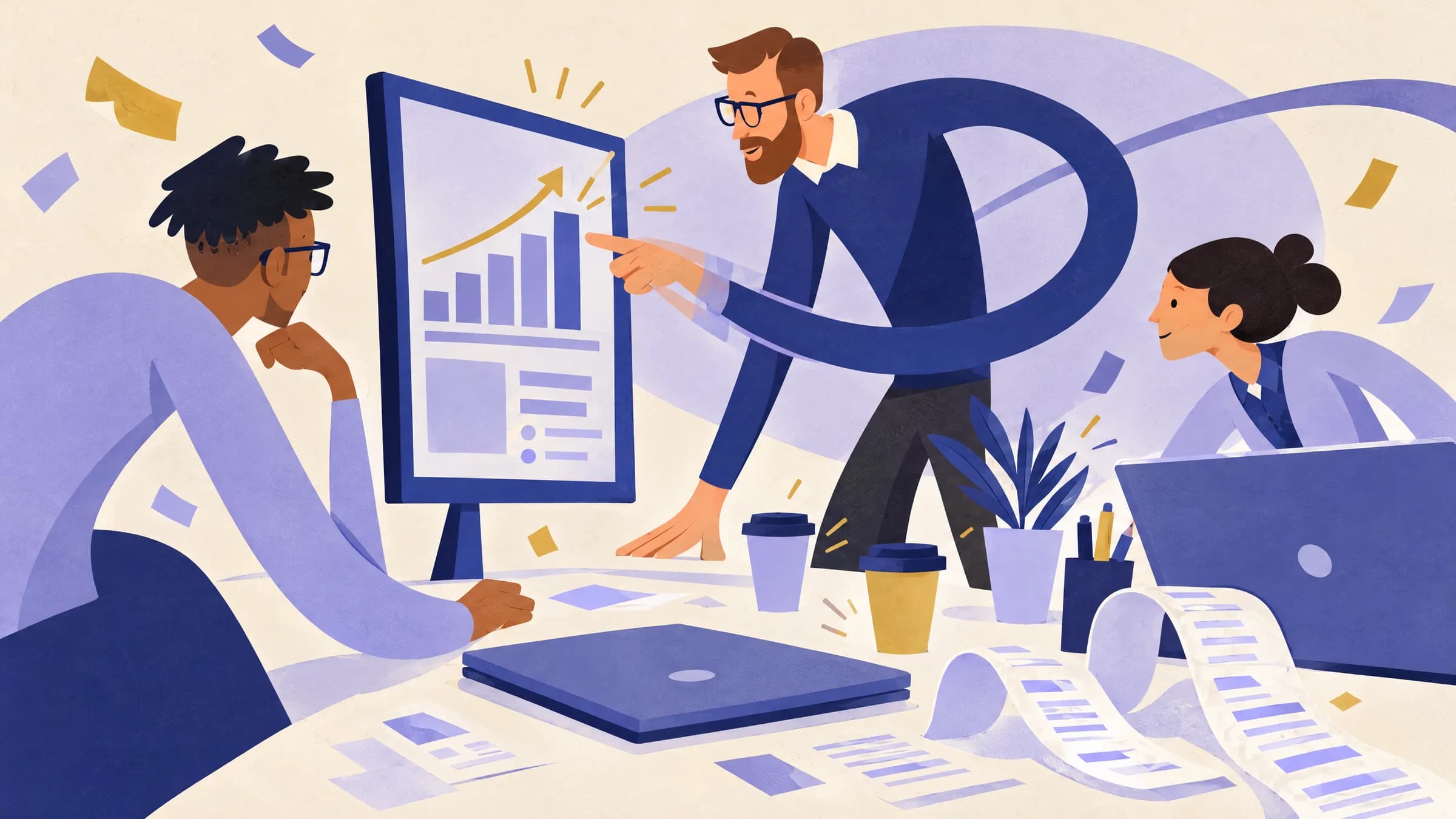 An illustration of a man pointing at a rising bar chart on a tall monitor while two colleagues lean in, with a long paper receipt curling across the desk.
