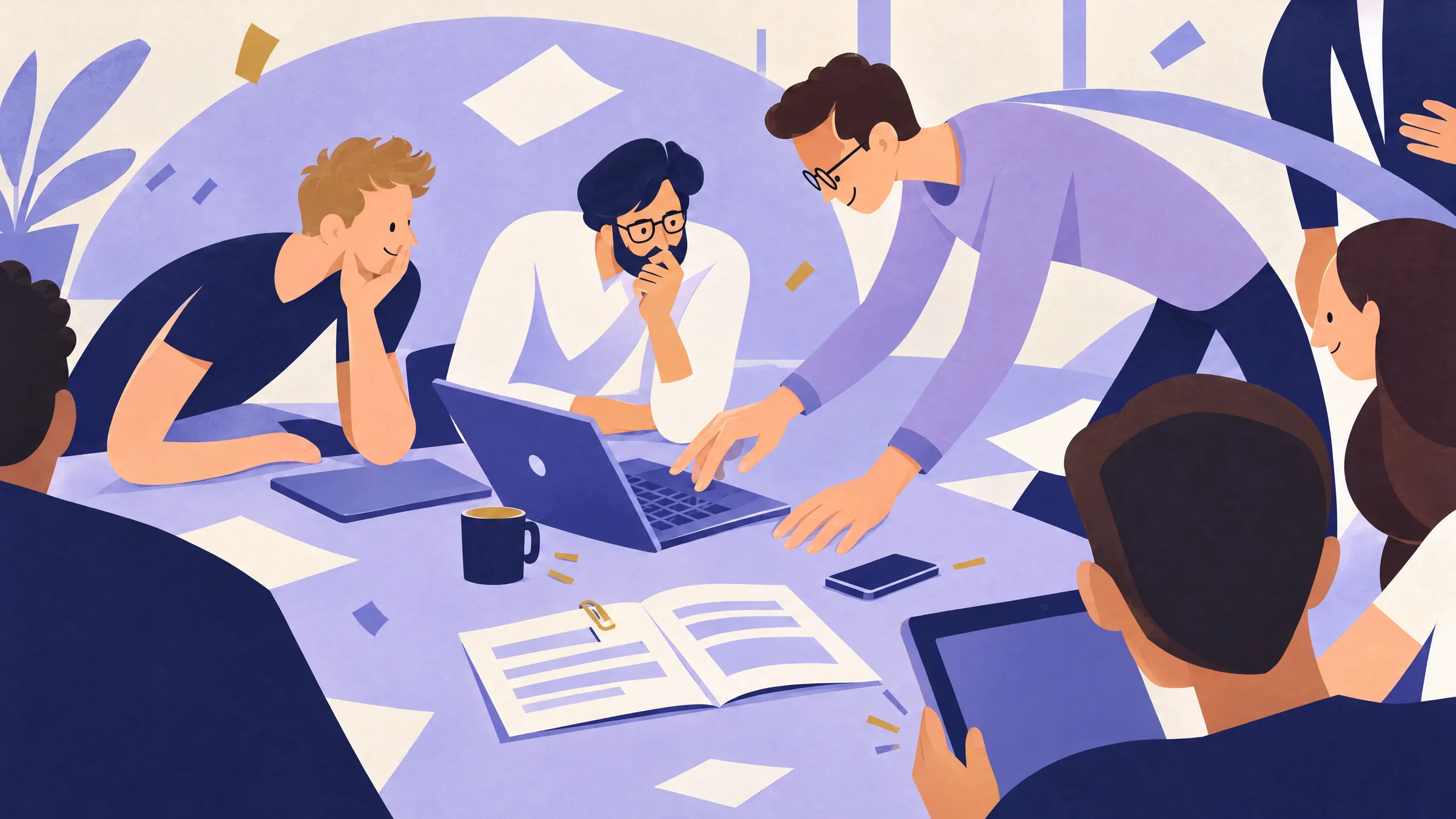 An illustration of colleagues around a conference table as one man leans in to point at a laptop, with a short clipped policy document open beside it.