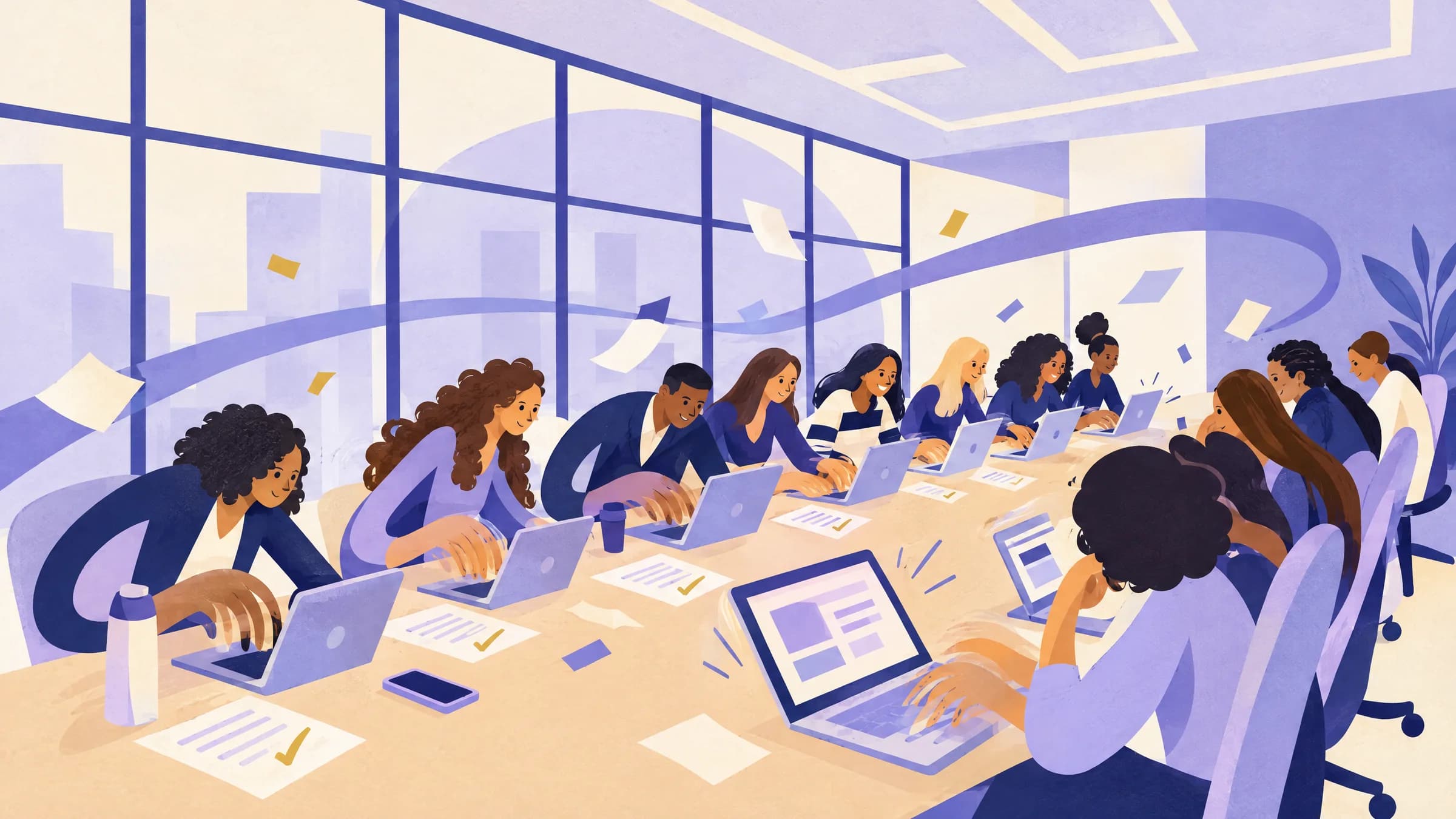 An illustration of a large group working on laptops along a long training-room table, each person with a printed checklist marked with a gold tick.