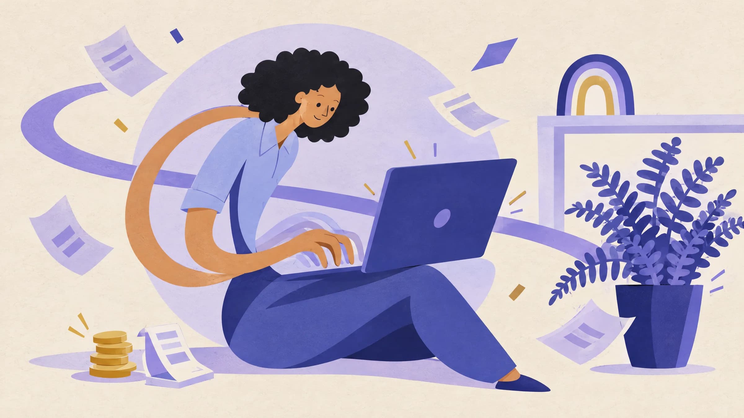 An illustration of a woman sitting on the floor with a laptop on her knees, beside a potted fern, a small stack of coins and a receipt.