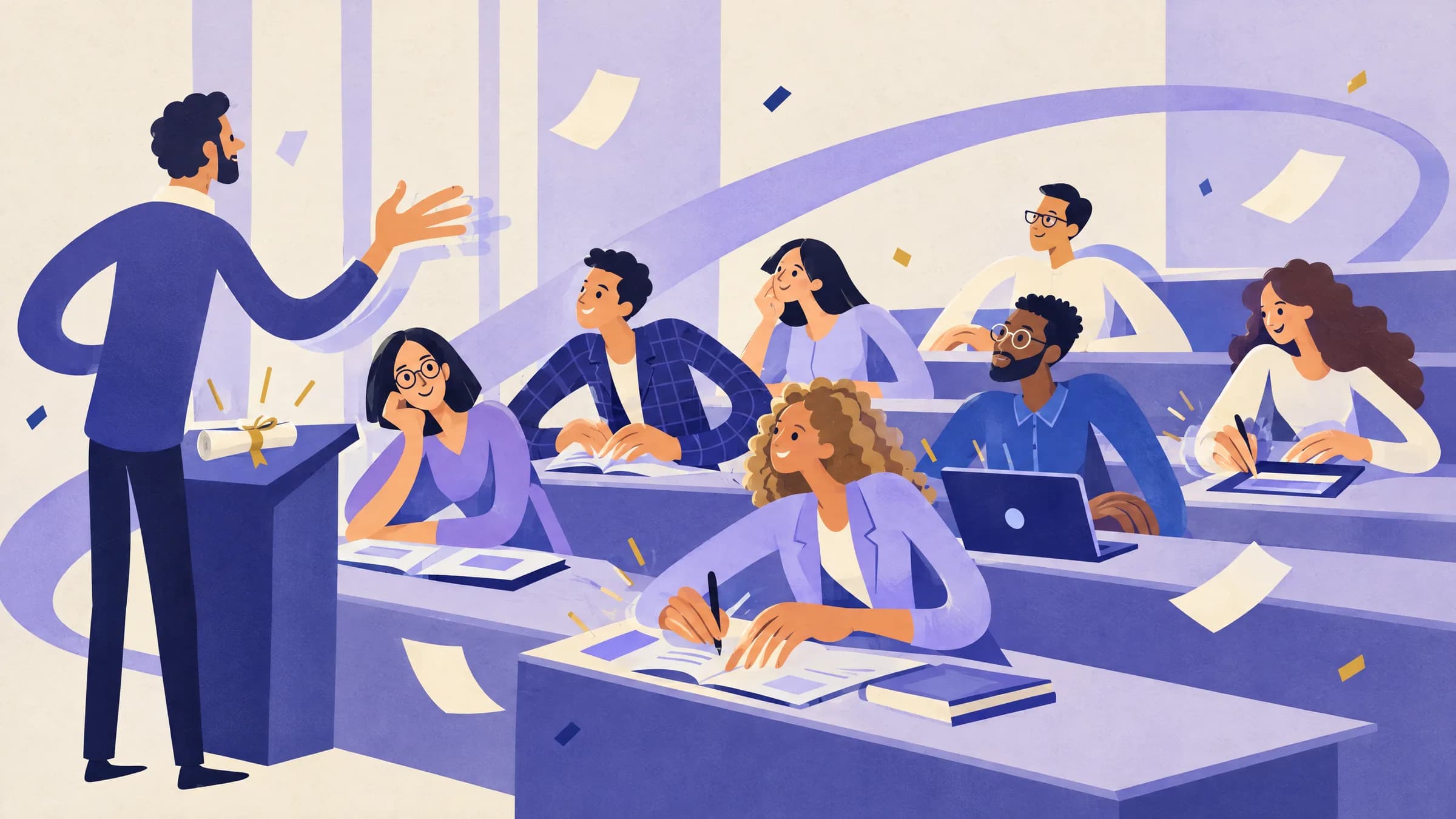 An illustration of a lecturer gesturing beside a lectern that holds a rolled diploma, while students at tiered wooden desks listen and take notes.