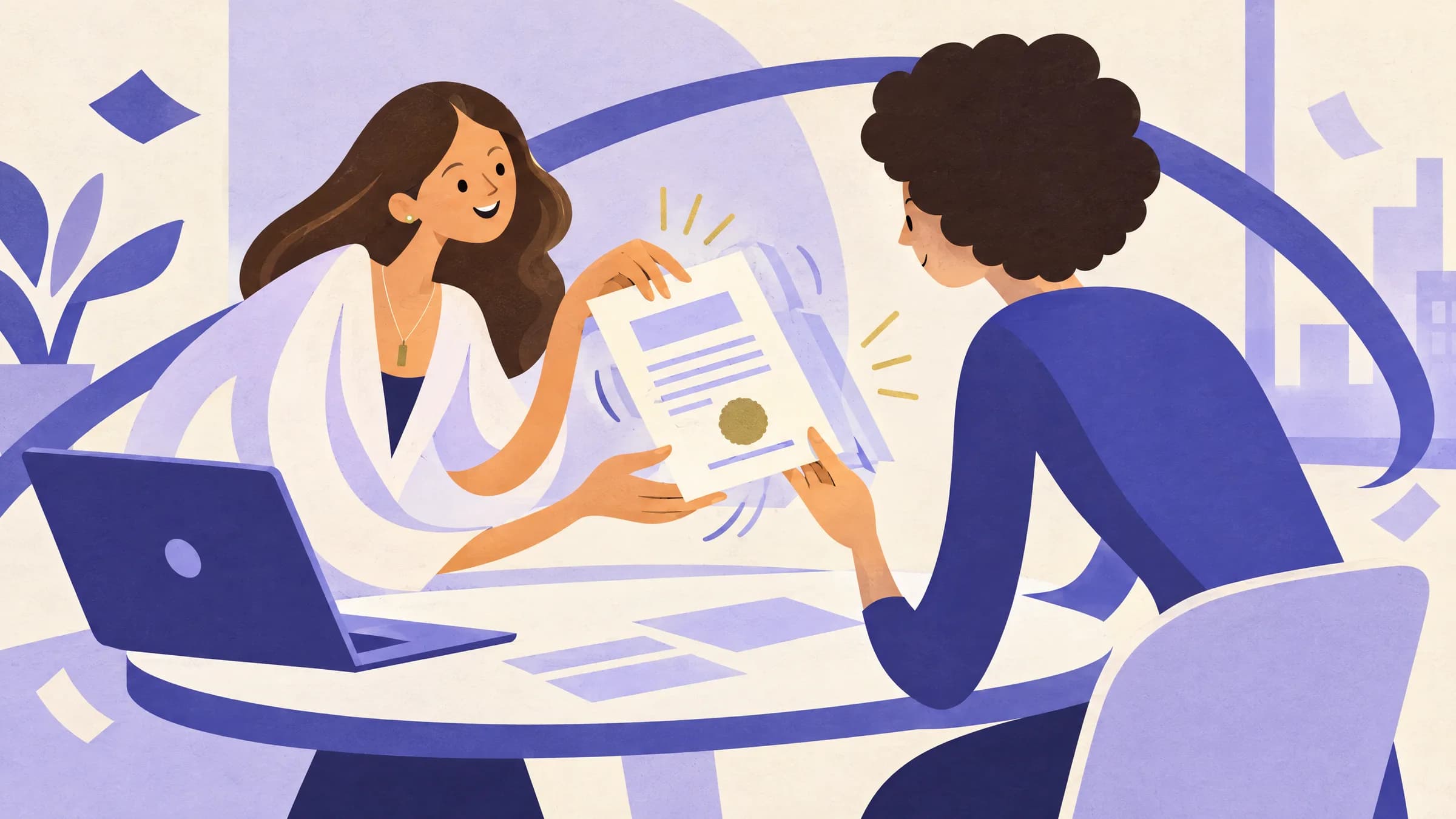 An illustration of a smiling woman at a round table holding up a printed certificate with a gold seal that a candidate has handed across to her.