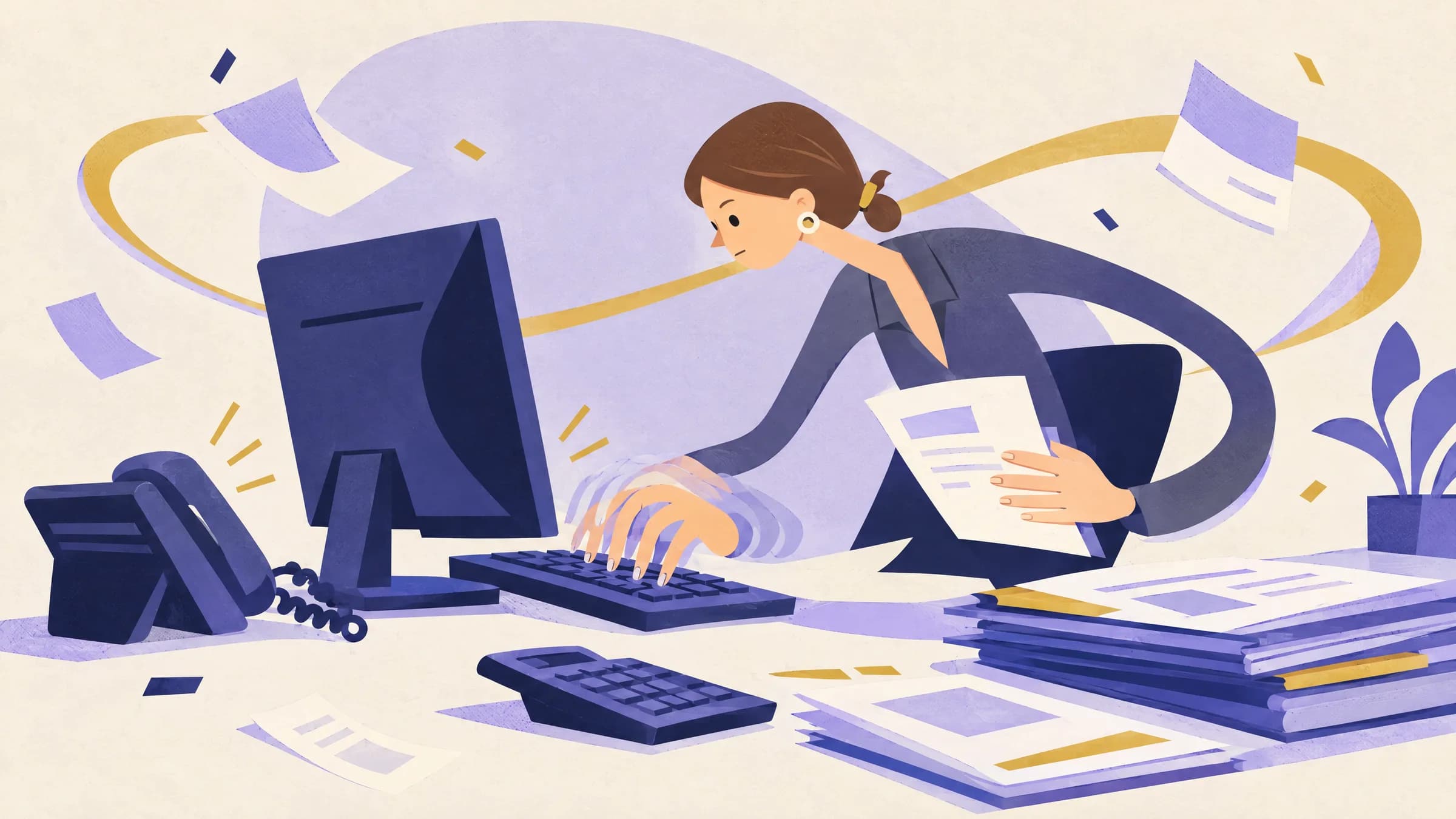 An illustration of a woman at an office desk typing on a keyboard while holding a paper document, with stacked folders, a calculator and a desk phone nearby.