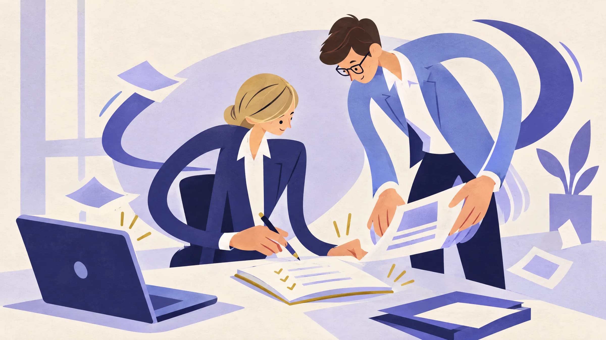 An illustration of a man in a blazer showing a printed page to a seated colleague, who holds a pen over an open notebook with a ticked checklist.