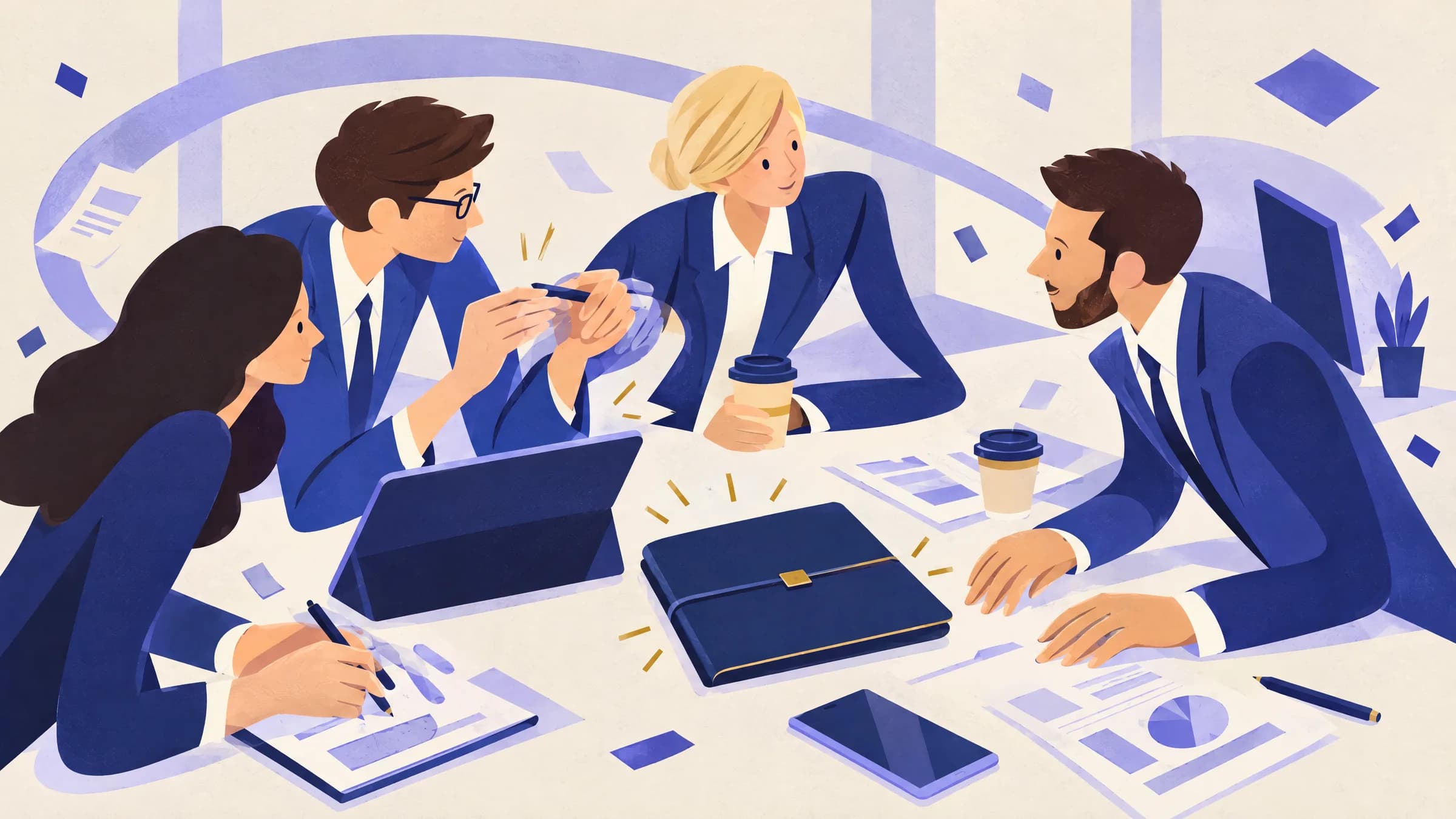 An illustration of four colleagues in suits talking around a desk with a tablet, notebooks, printed charts and a closed ledger with a gold clasp.