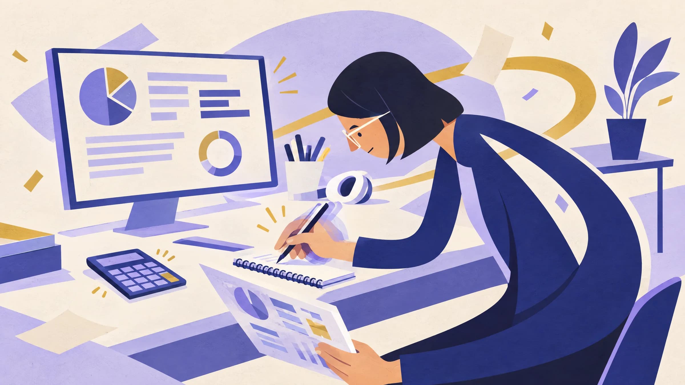An illustration of a woman in glasses writing in a notebook while holding a printed chart, at a desk with a calculator and a monitor showing charts.