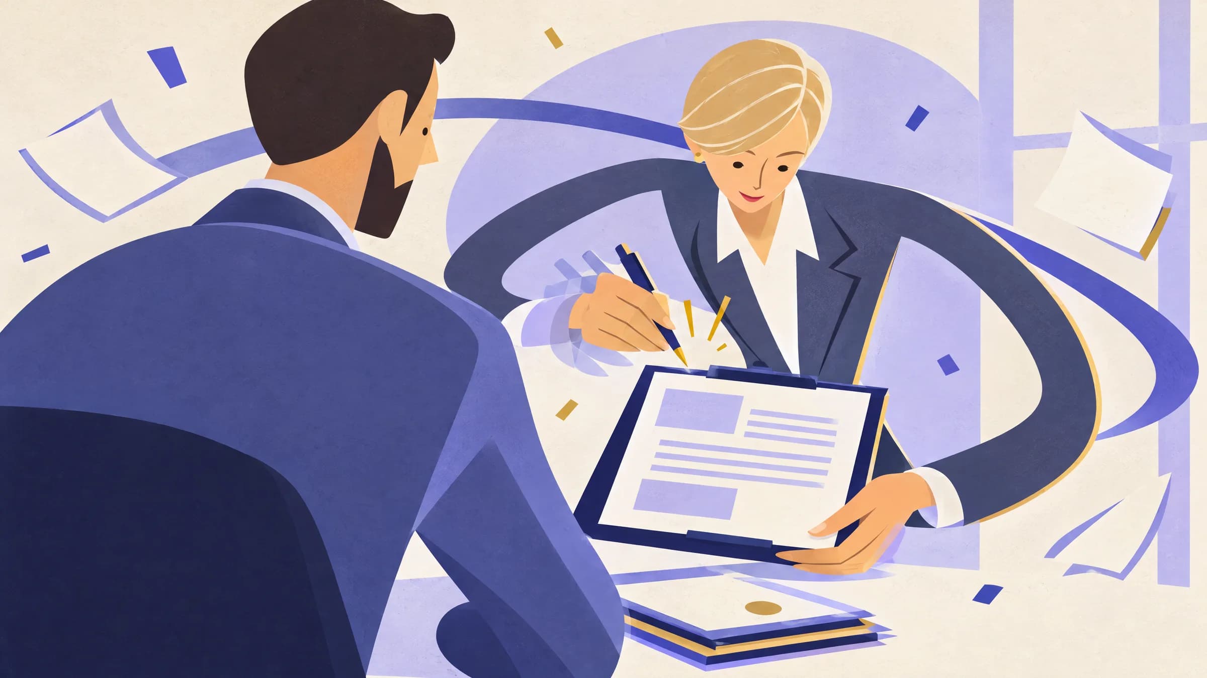 An illustration of an HR professional in a dark suit marking a clipboard document with a pen as she goes through it with a man seated across the desk.