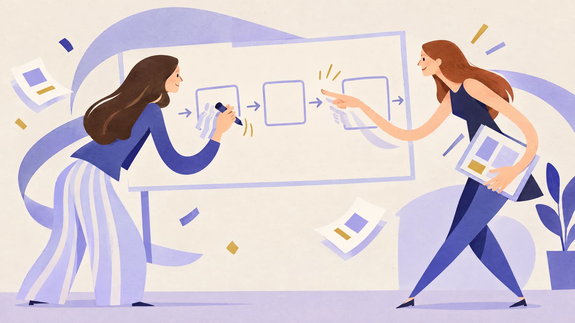 An illustration of two women at a whiteboard mapping a plan as a row of boxes and arrows, one drawing while the other points ahead.