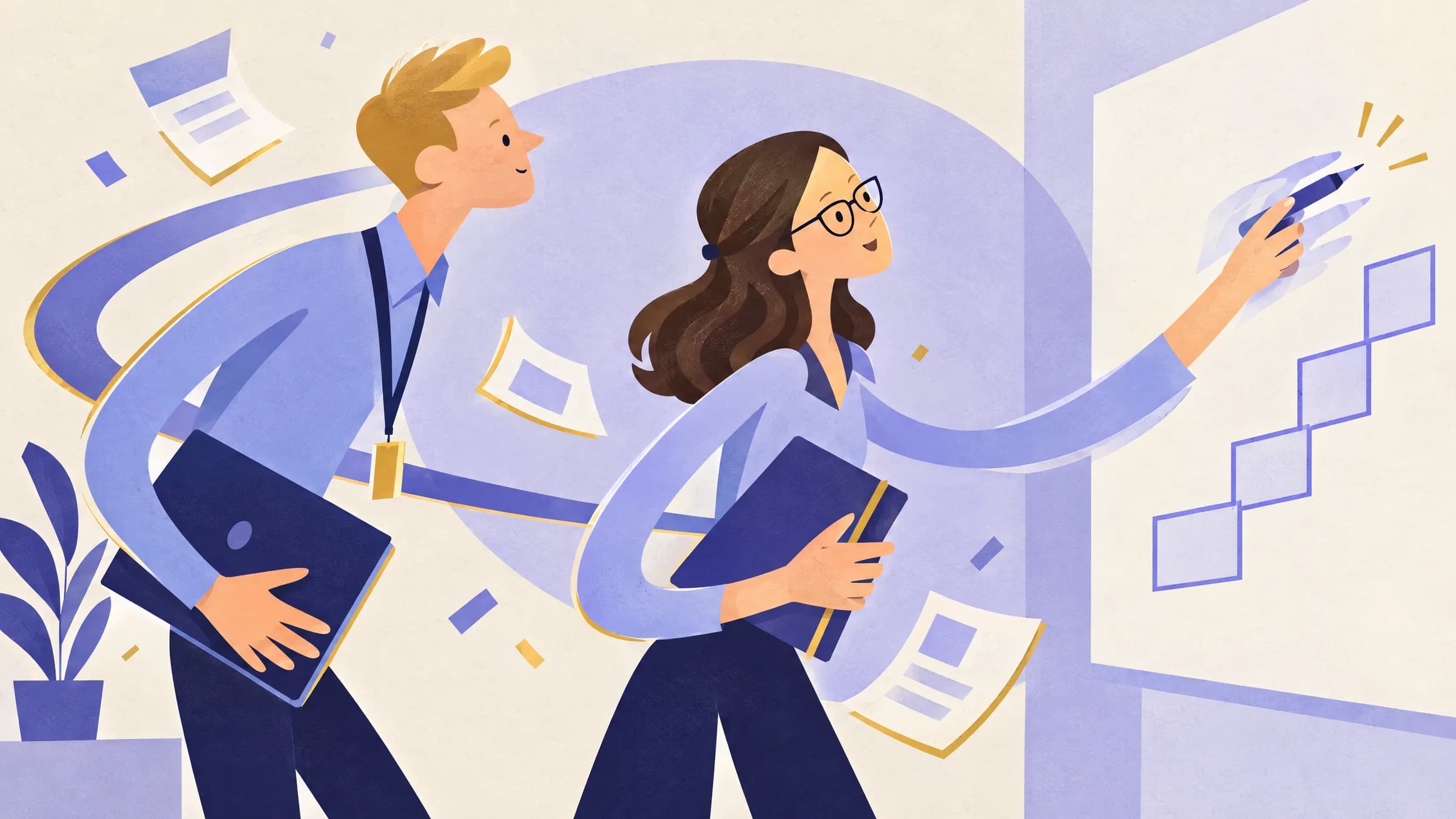 An illustration of a woman pointing at a staircase of boxes drawn on a whiteboard while a colleague wearing a lanyard leans in to follow.