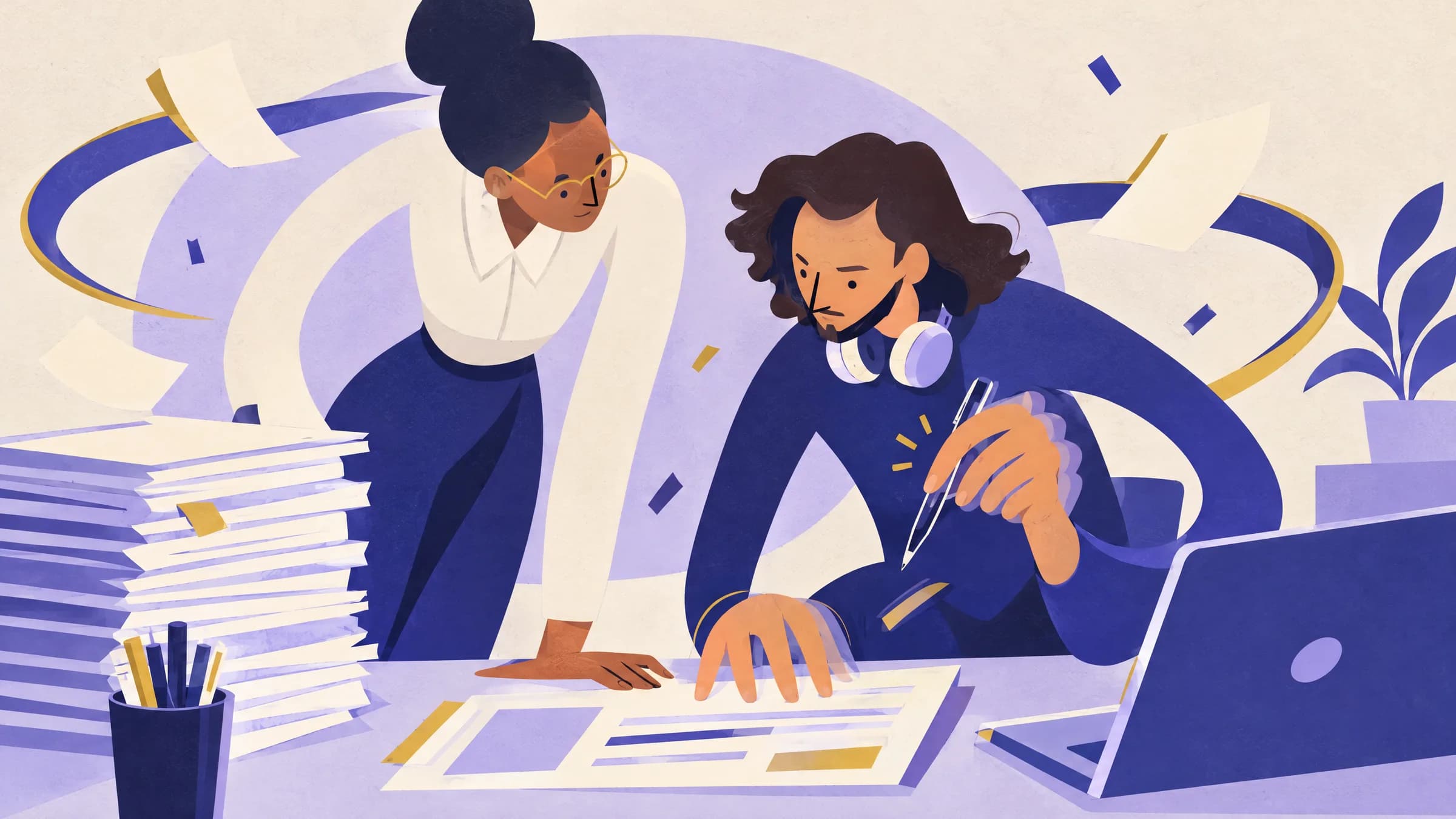 An illustration of a woman leaning over a desk to check a document with a seated colleague holding a pen, beside a tall stack of drafts.