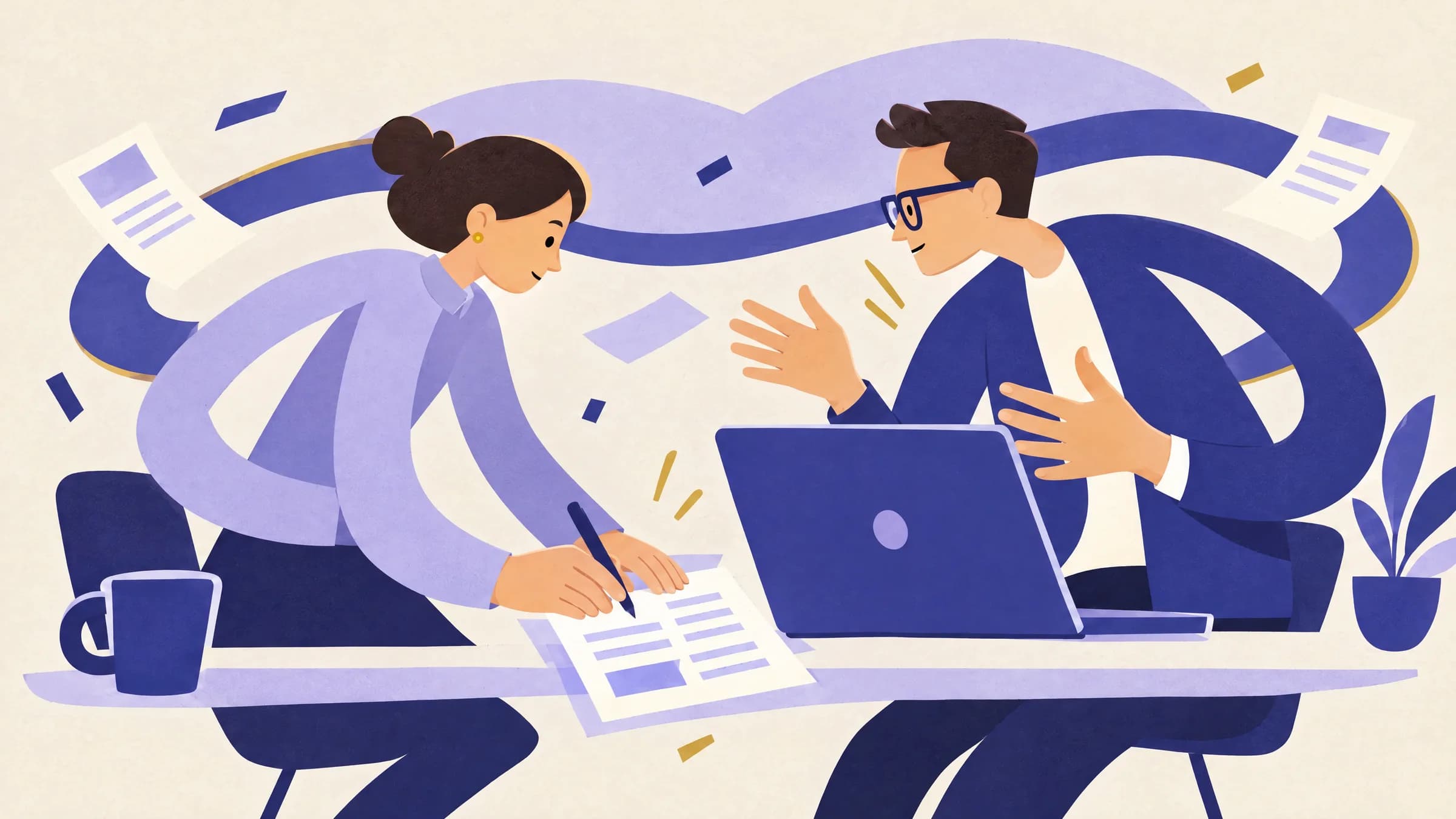 An illustration of a woman and a man in glasses talking through work at a desk, she marking a printed review sheet beside his open laptop.