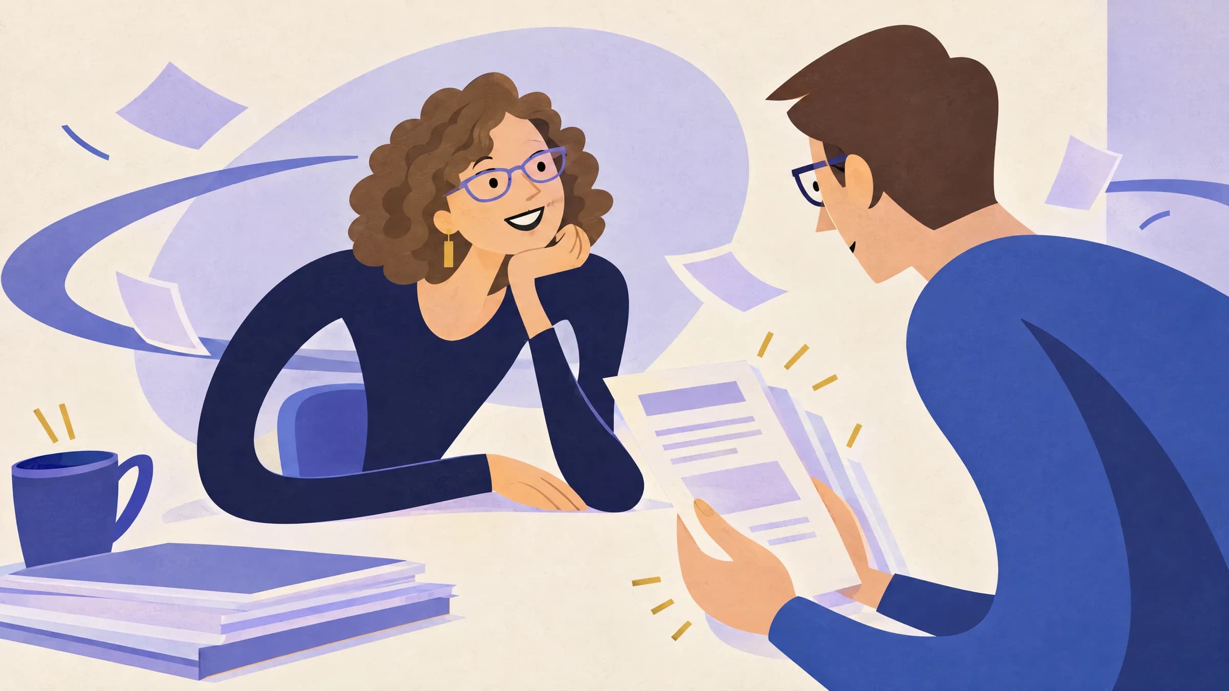 An illustration of a smiling woman in glasses resting her chin on her hand as an interviewer across the table holds a printed page of questions.