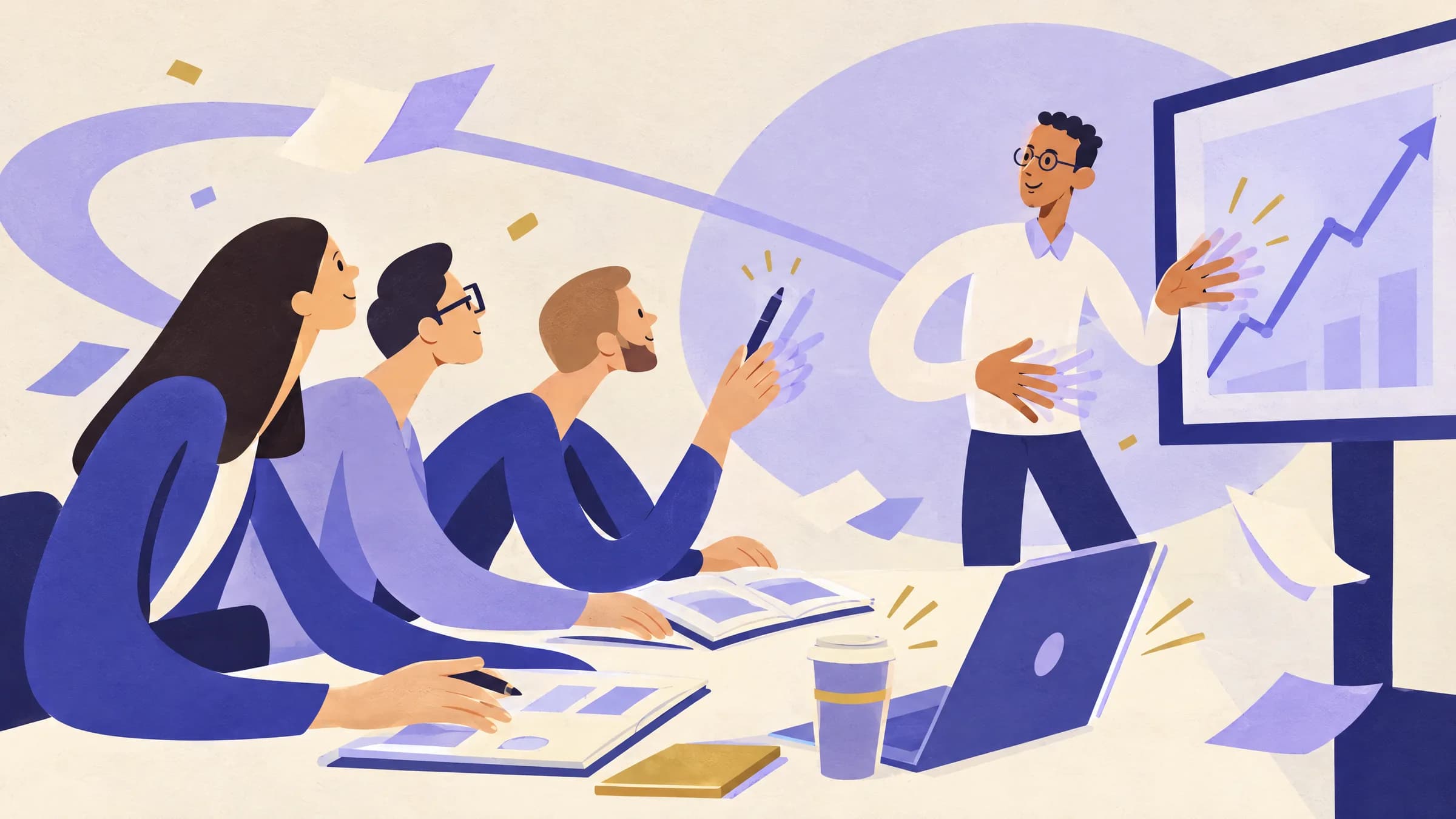 An illustration of a man presenting beside a screen with a rising line chart, while three colleagues at a table listen and one raises a pen.