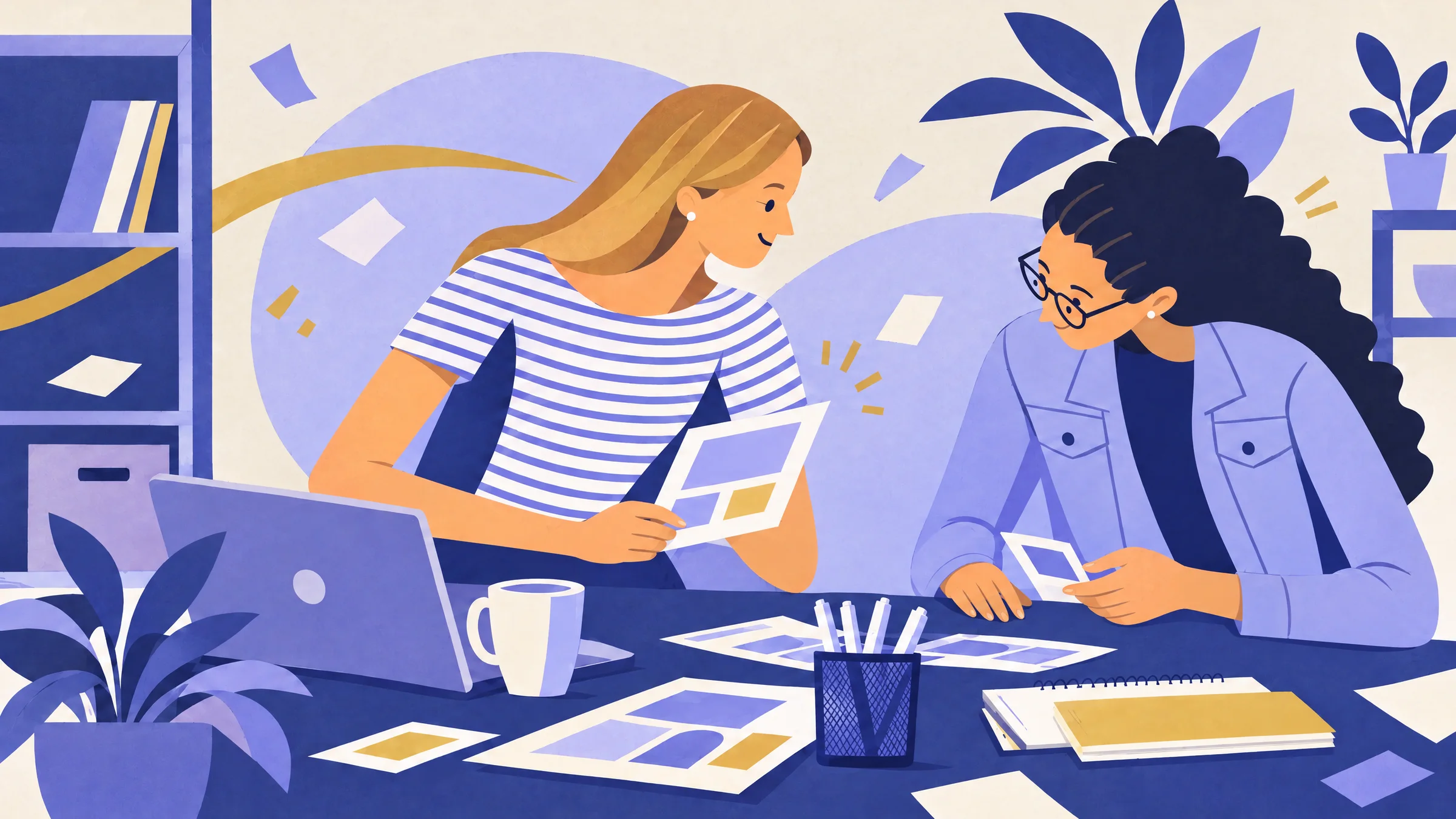 An illustration of two women at a studio work table comparing printed sample cards, with a laptop, a mug and shelves of books around them.