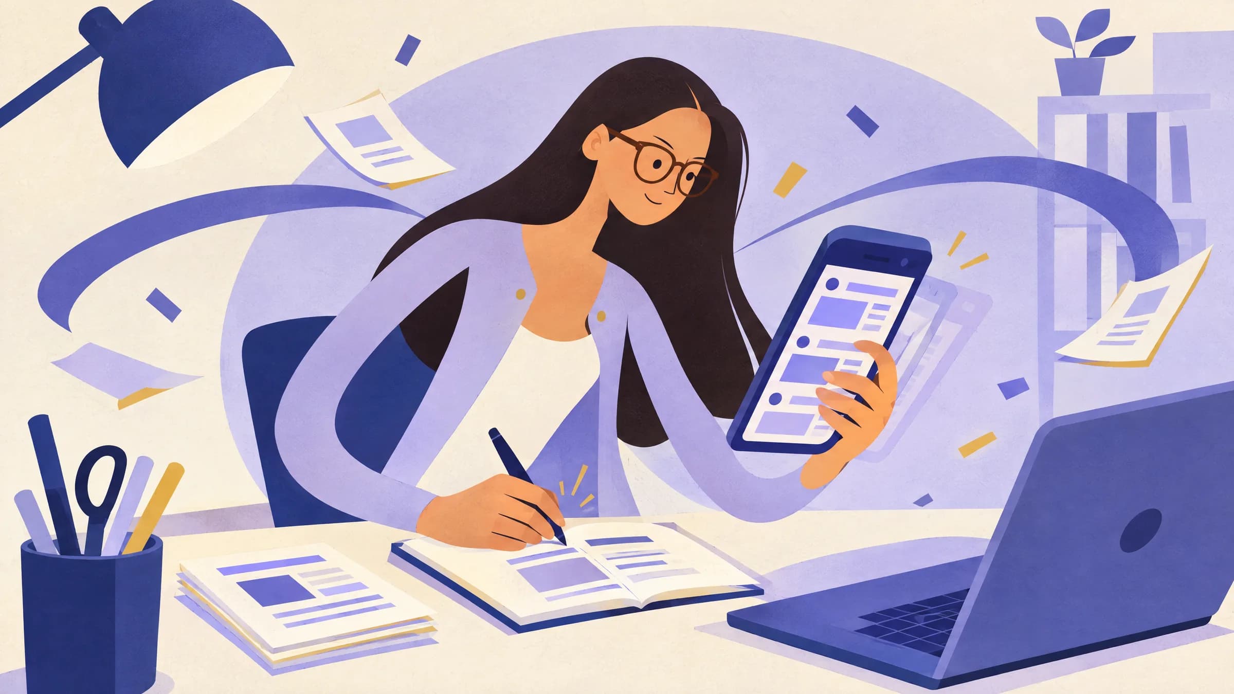 An illustration of a woman in glasses at her desk, holding up a phone of social media posts while she copies them into an open notebook beside her laptop.