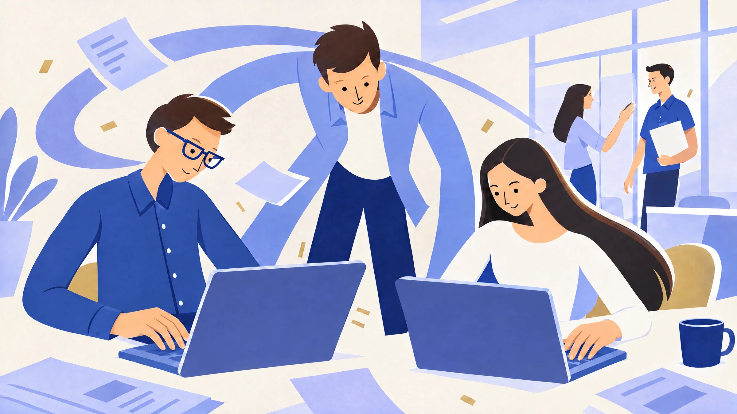An illustration of a man leaning over two seated colleagues working on laptops, while two people talk by a glass wall behind them.