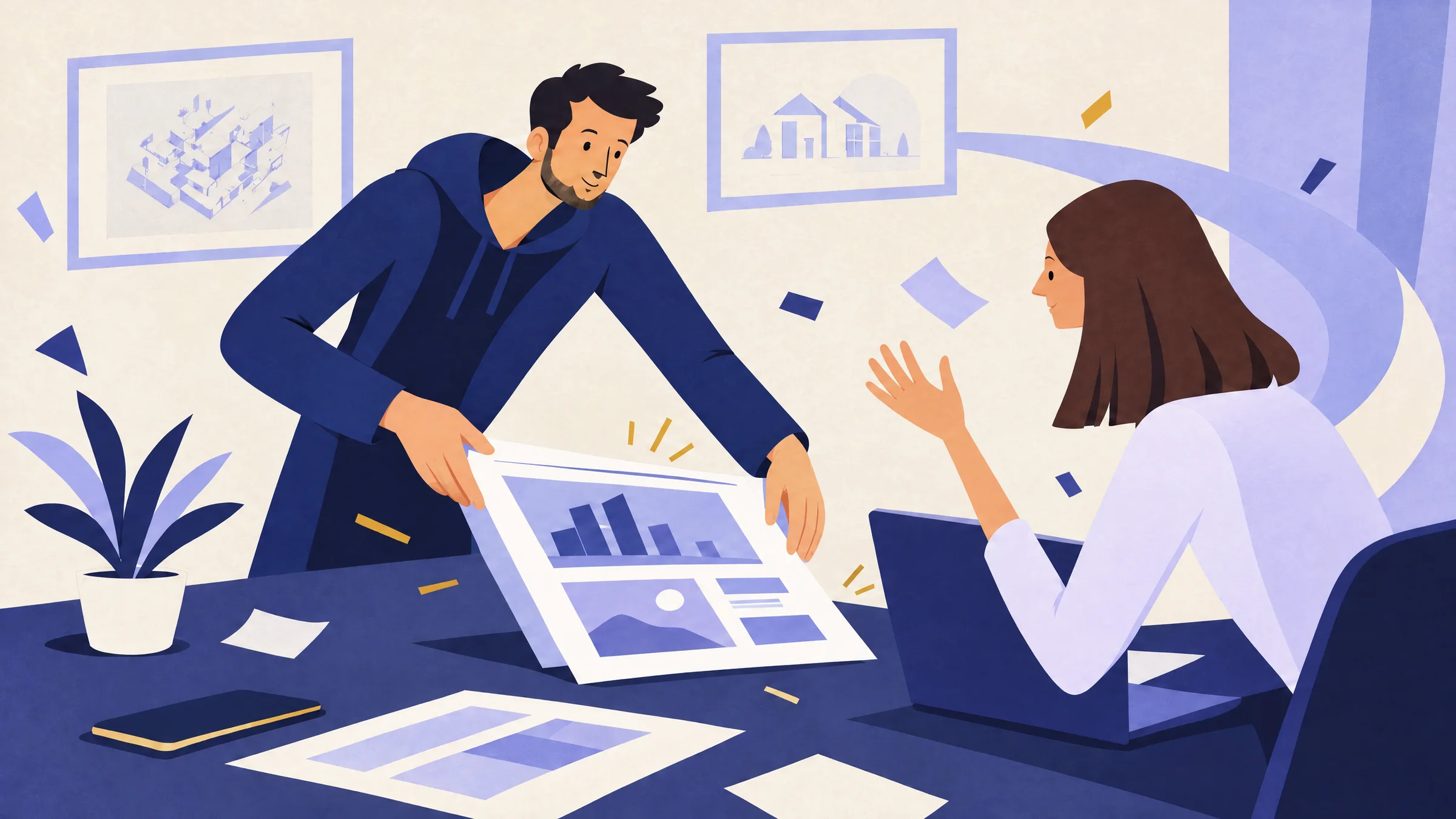 An illustration of a man sliding a printed portfolio across a desk toward a colleague, in an office with framed drawings on the wall.