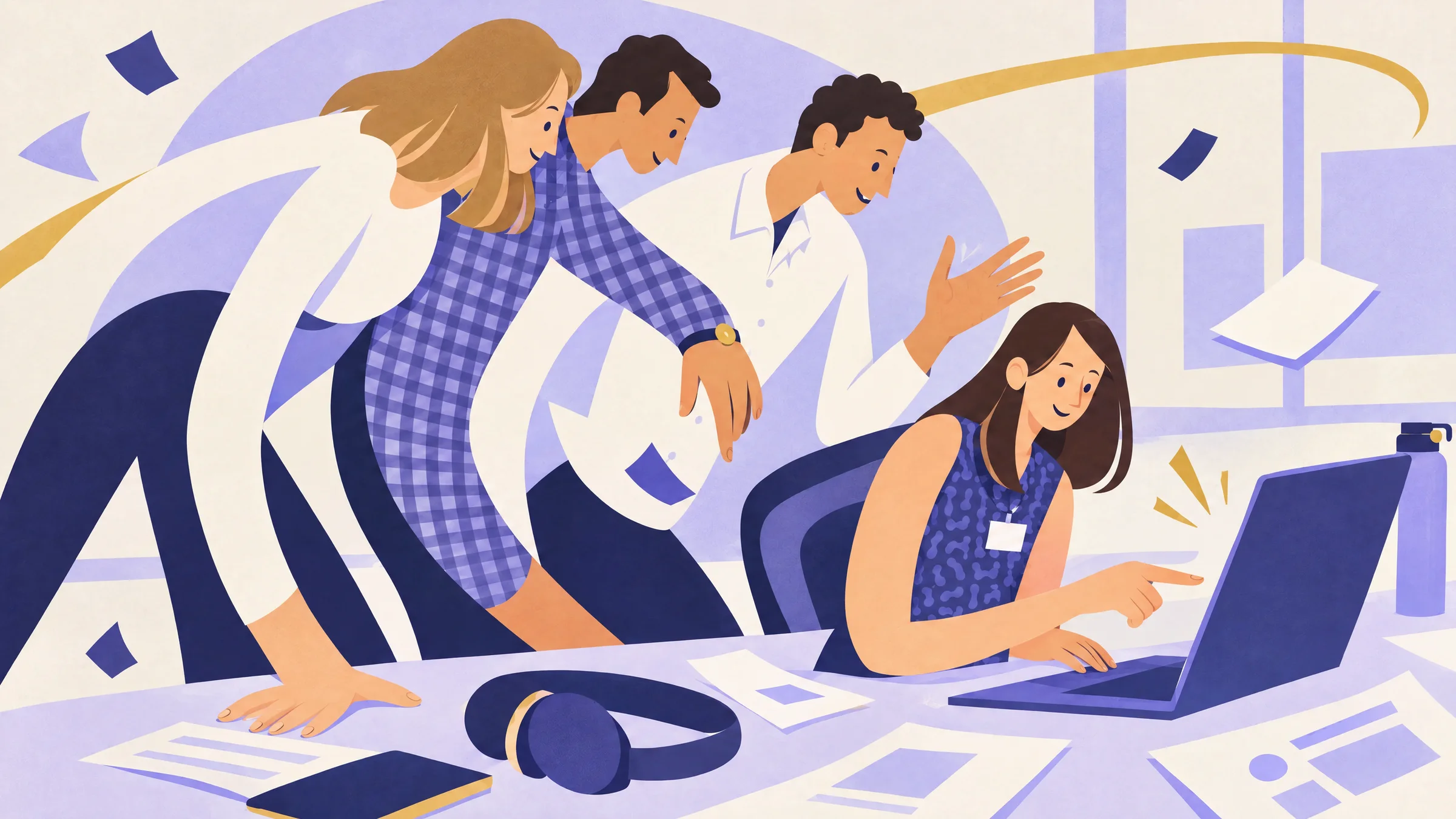 An illustration of a young woman wearing a badge pointing at her laptop screen while three colleagues lean in over the shared desk to look.
