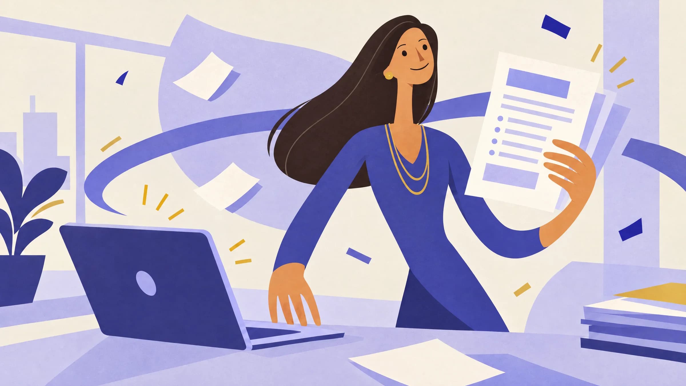 An illustration of a smiling hiring manager standing at a desk beside an open laptop, holding up a printed job description page.