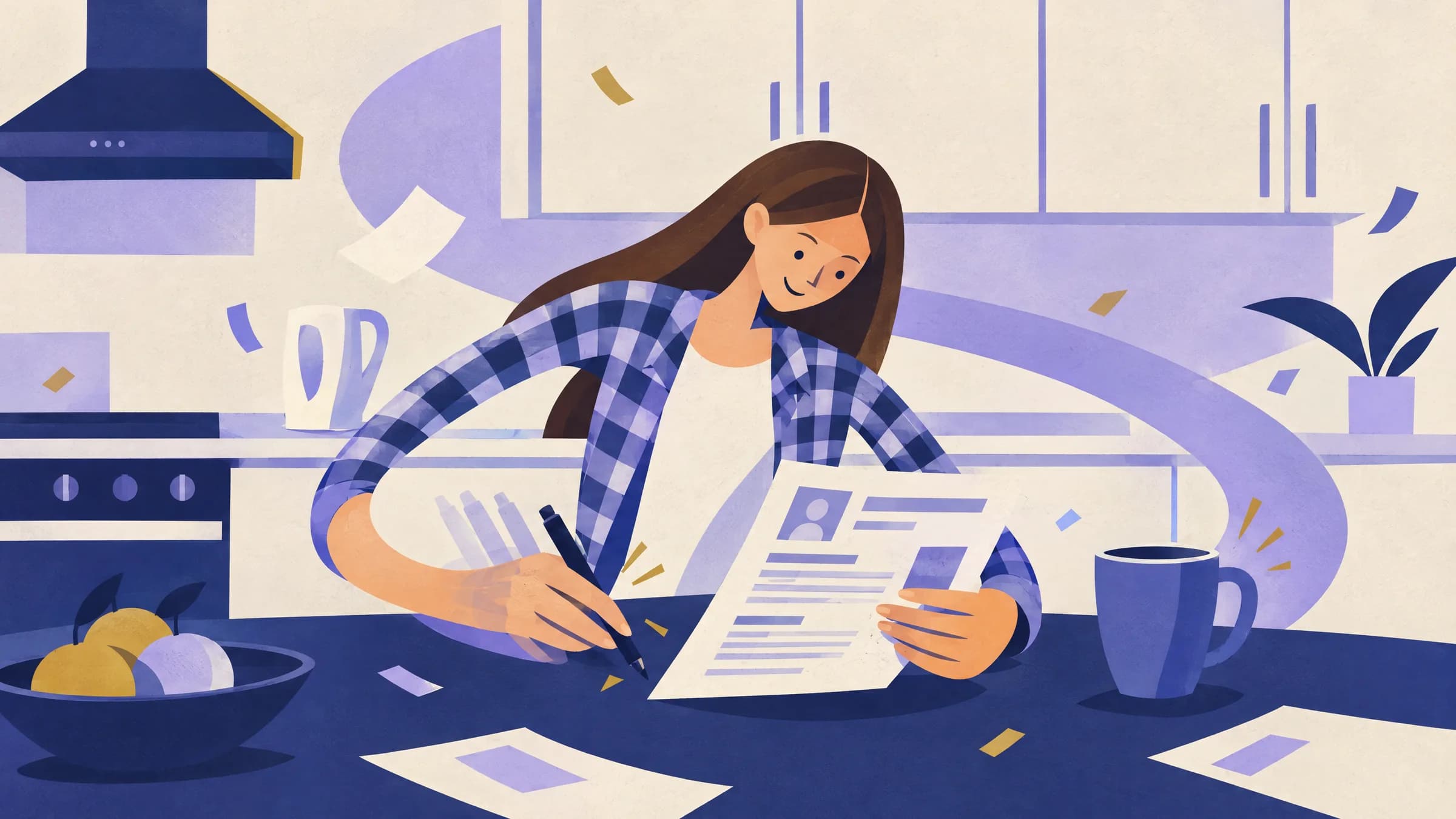 An illustration of a smiling woman in a checked shirt marking a printed resume with a pen at a kitchen table, with a mug and a bowl of fruit nearby.