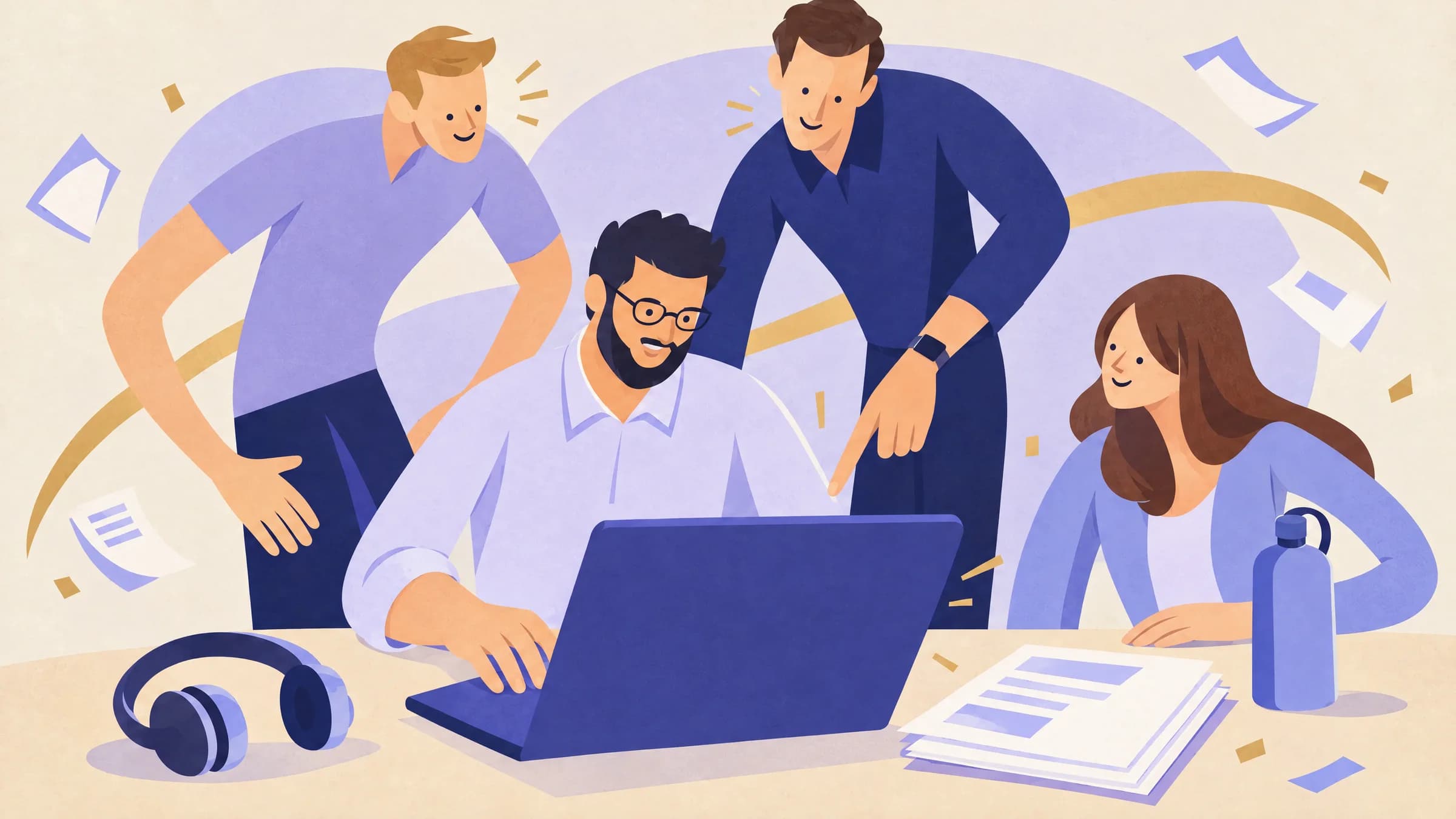 An illustration of two colleagues leaning over a seated man at his laptop and pointing at the screen, while a woman beside him smiles.