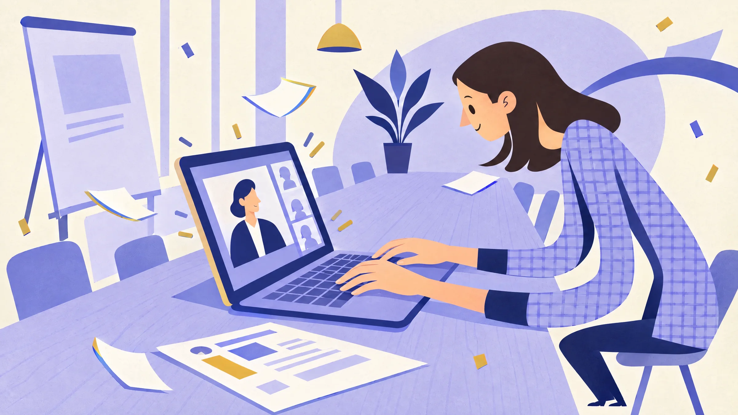 An illustration of a woman in a checked blazer smiling at a laptop during a video call, with a printed application on the table beside her.