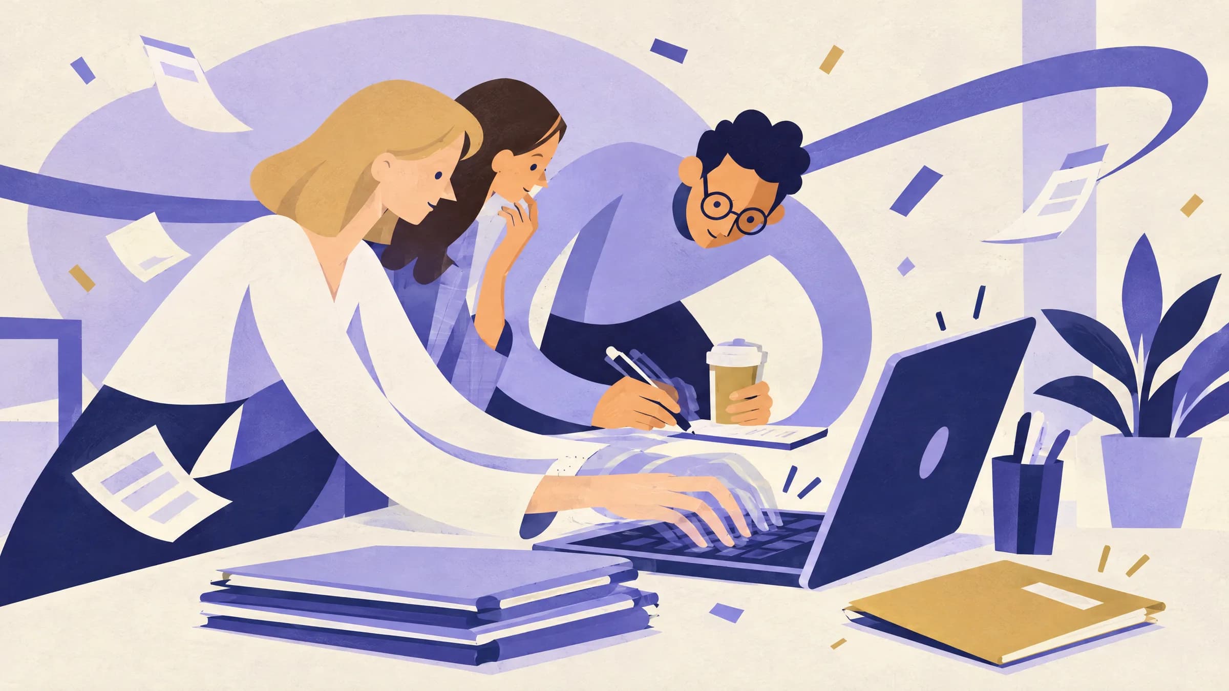 An illustration of three colleagues crowded around one laptop, one typing and one taking notes, beside a stack of folders and a separate gold folder.