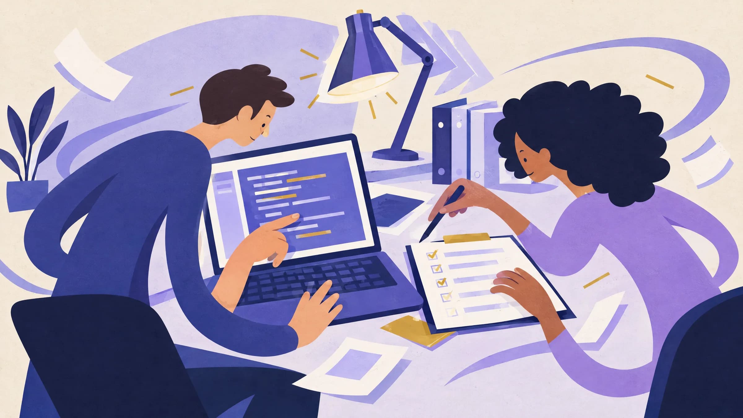 An illustration of two developers leaning over an oversized laptop, checking their app code against an upgrade checklist before they install a new software version.