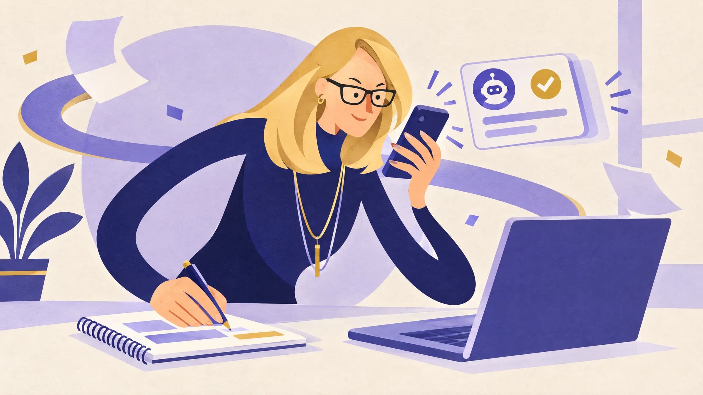 An illustration of a small business owner at her desk reviewing an AI assistant’s approval request on an oversized phone, with her laptop open beside it.