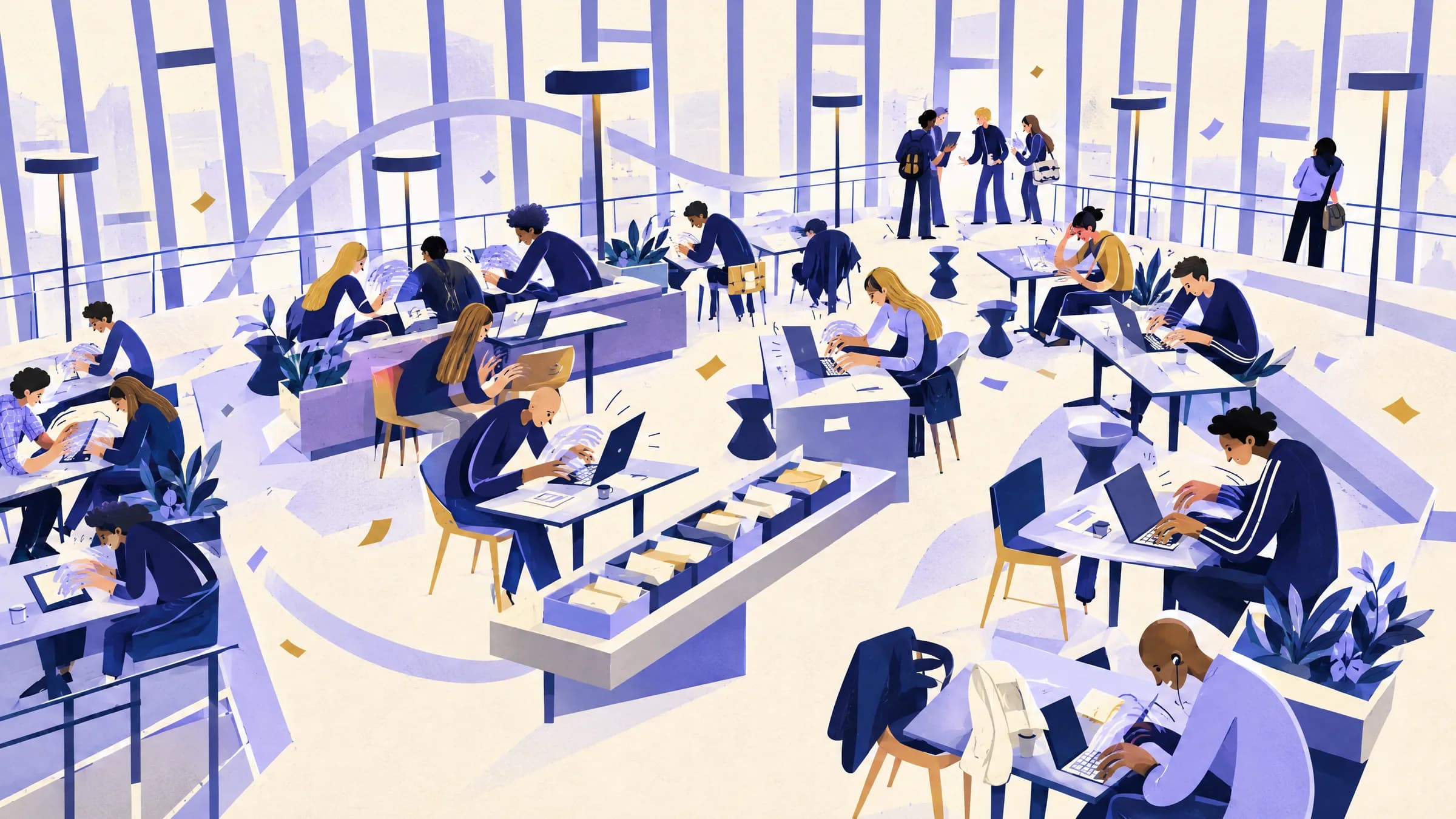An illustration of an open-plan work floor seen from above, with people working on laptops at small tables and a row of sorted envelope trays.