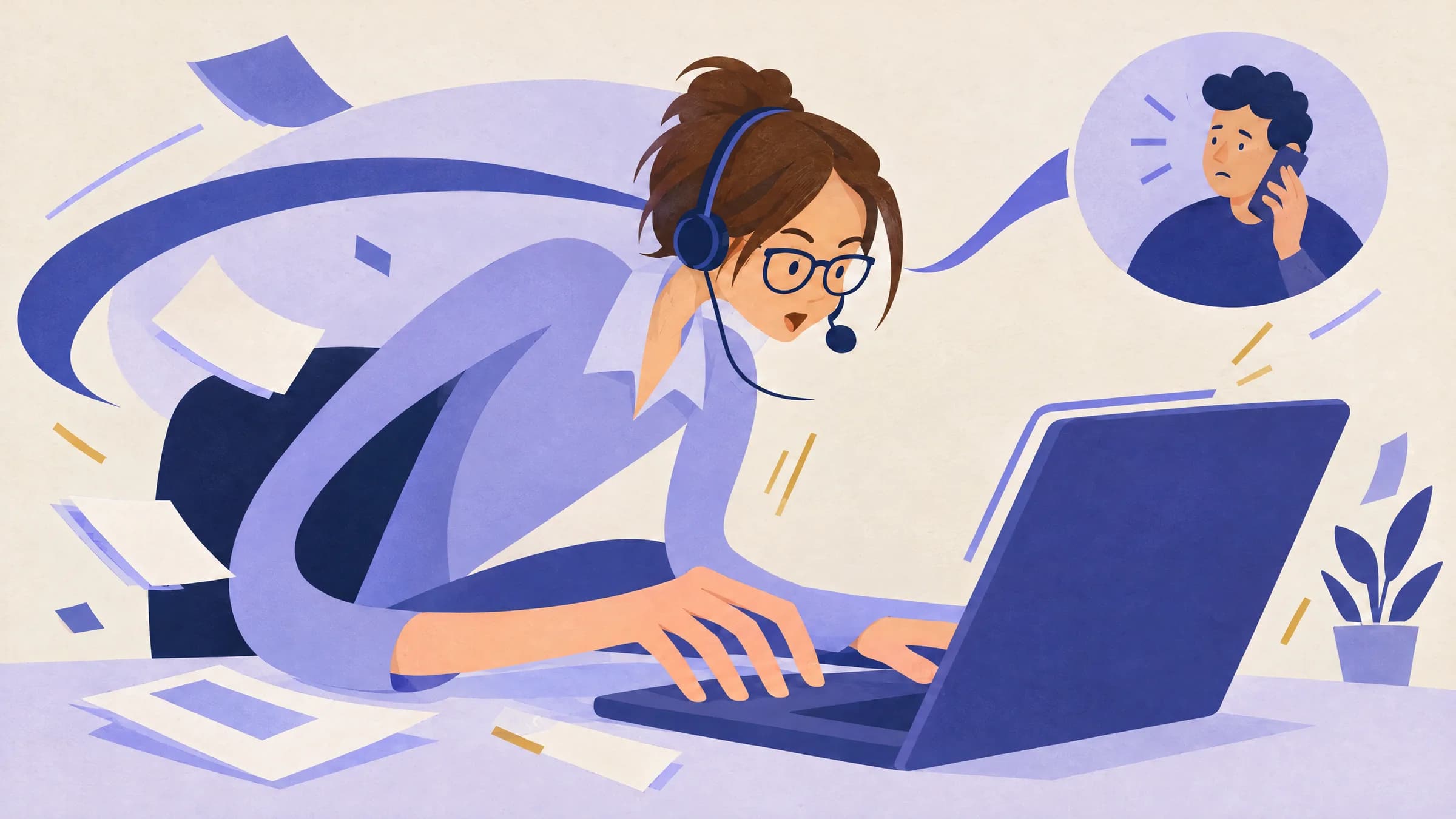 An illustration of a support agent in a headset leaning toward an oversized laptop, watching a long answer fill the screen while a customer waits on the call.