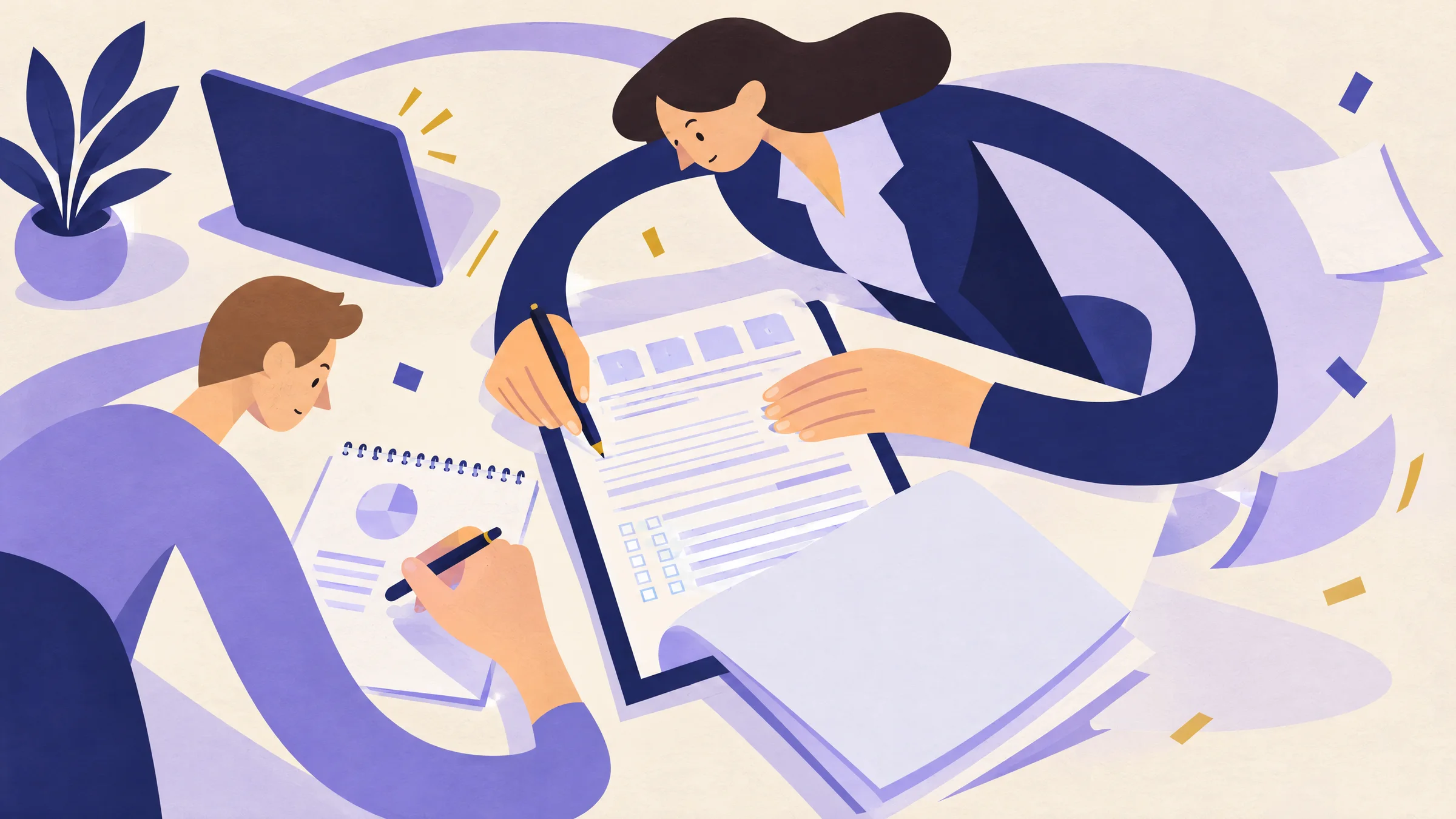 An illustration of two coworkers at a desk checking oversized printed rental applications against a policy document before one of them signs off.