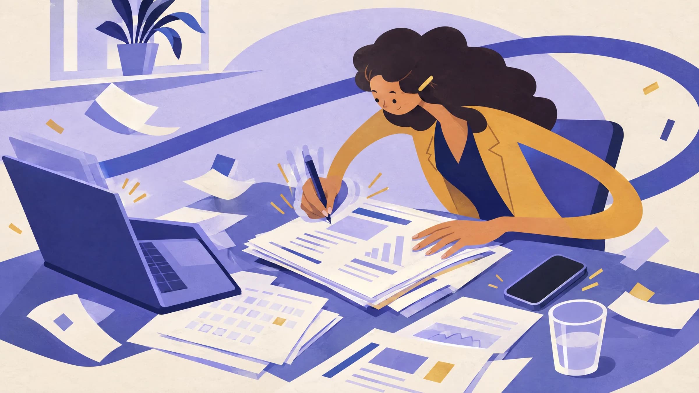 An illustration of an operations lead at a desk turning a spread of papers and charts into one report beside a laptop