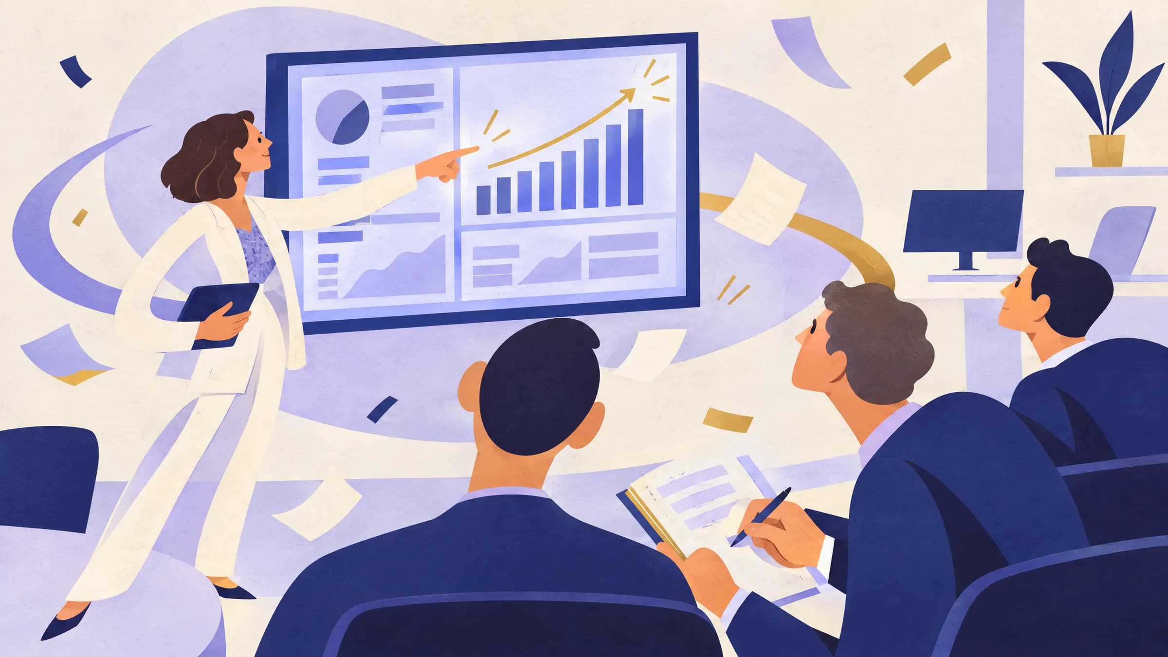 An illustration of a manager pointing at a rising bar chart on a wall screen while three leadership-team members take notes