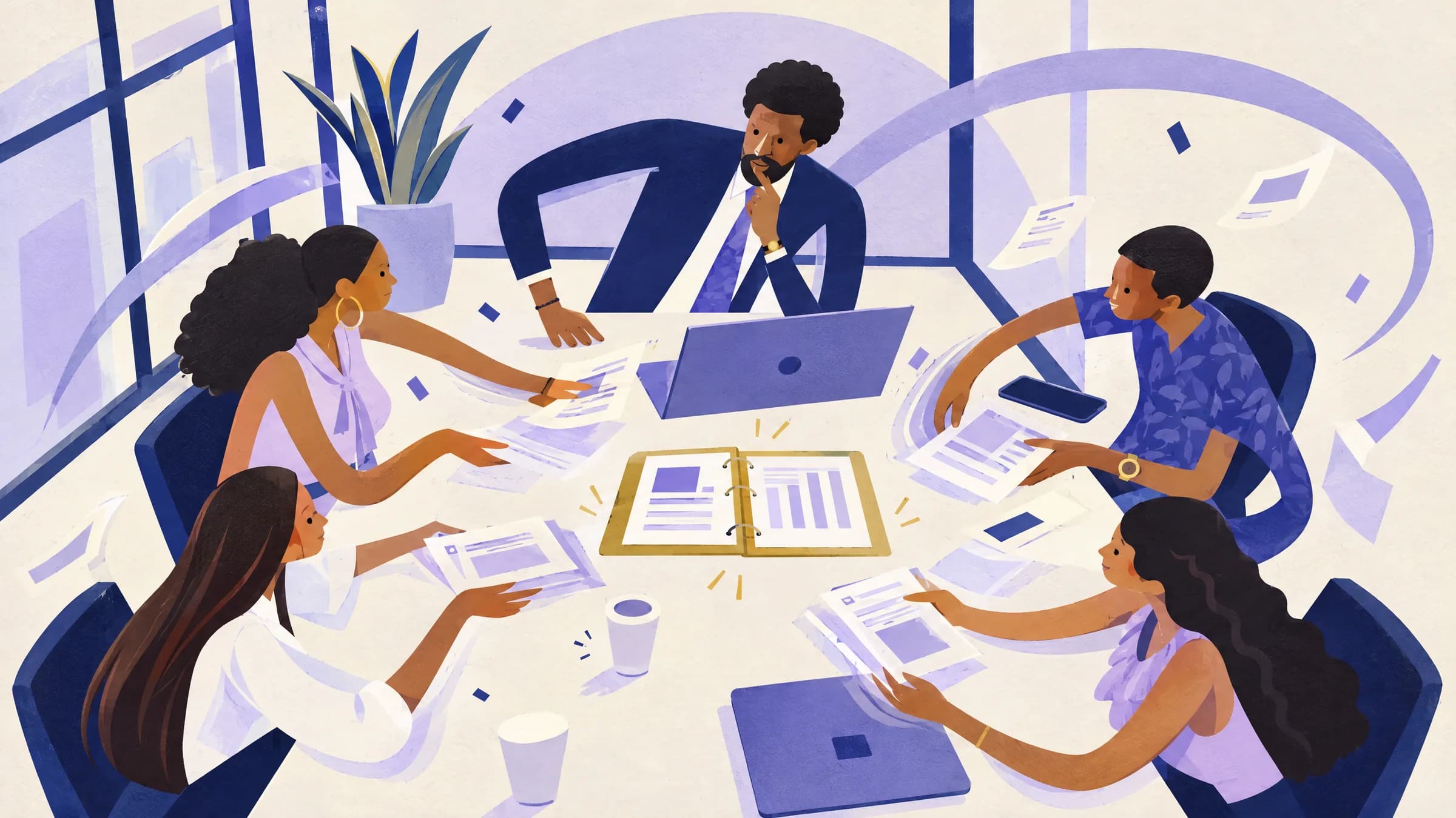 An illustration of five colleagues around a conference table passing printed sheets to one another, with an open gold binder at the center.