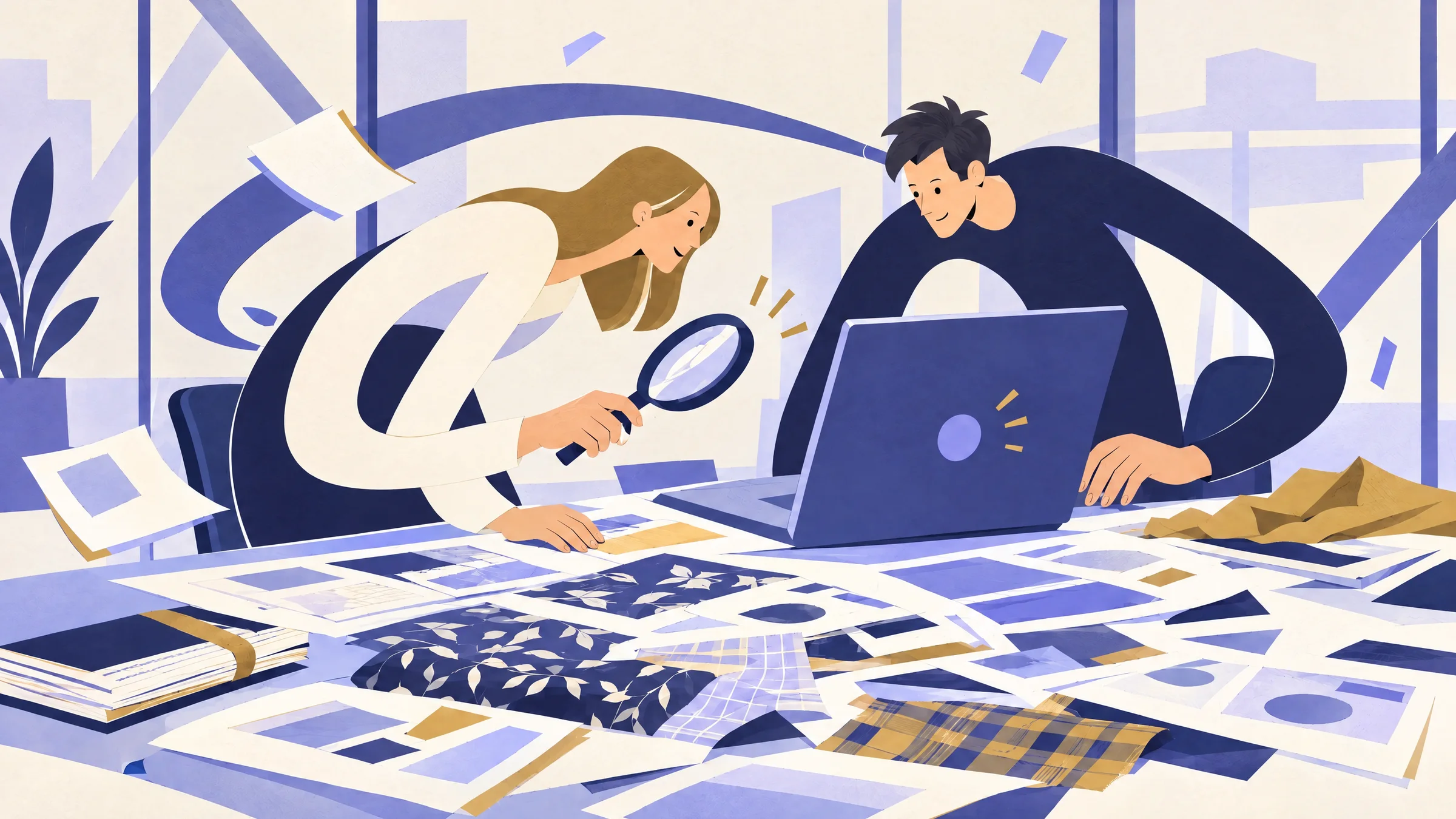 An illustration of two colleagues at a table covered in printed pages, one checking a page through a magnifying glass while the other works on a laptop.