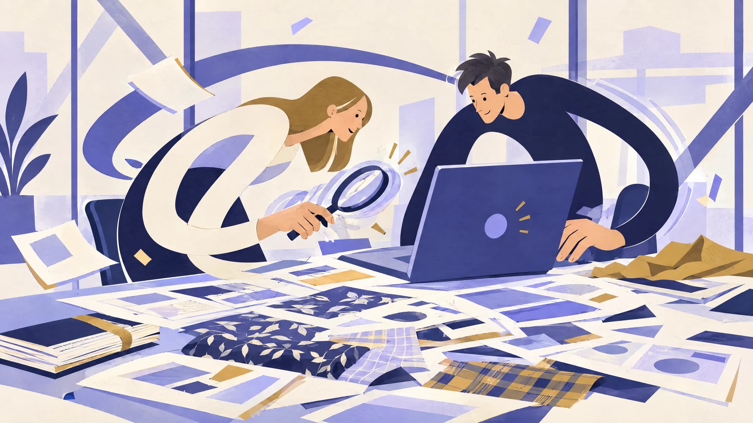 An illustration of two colleagues at a table covered in printed pages, one checking a page through a magnifying glass while the other works on a laptop.
