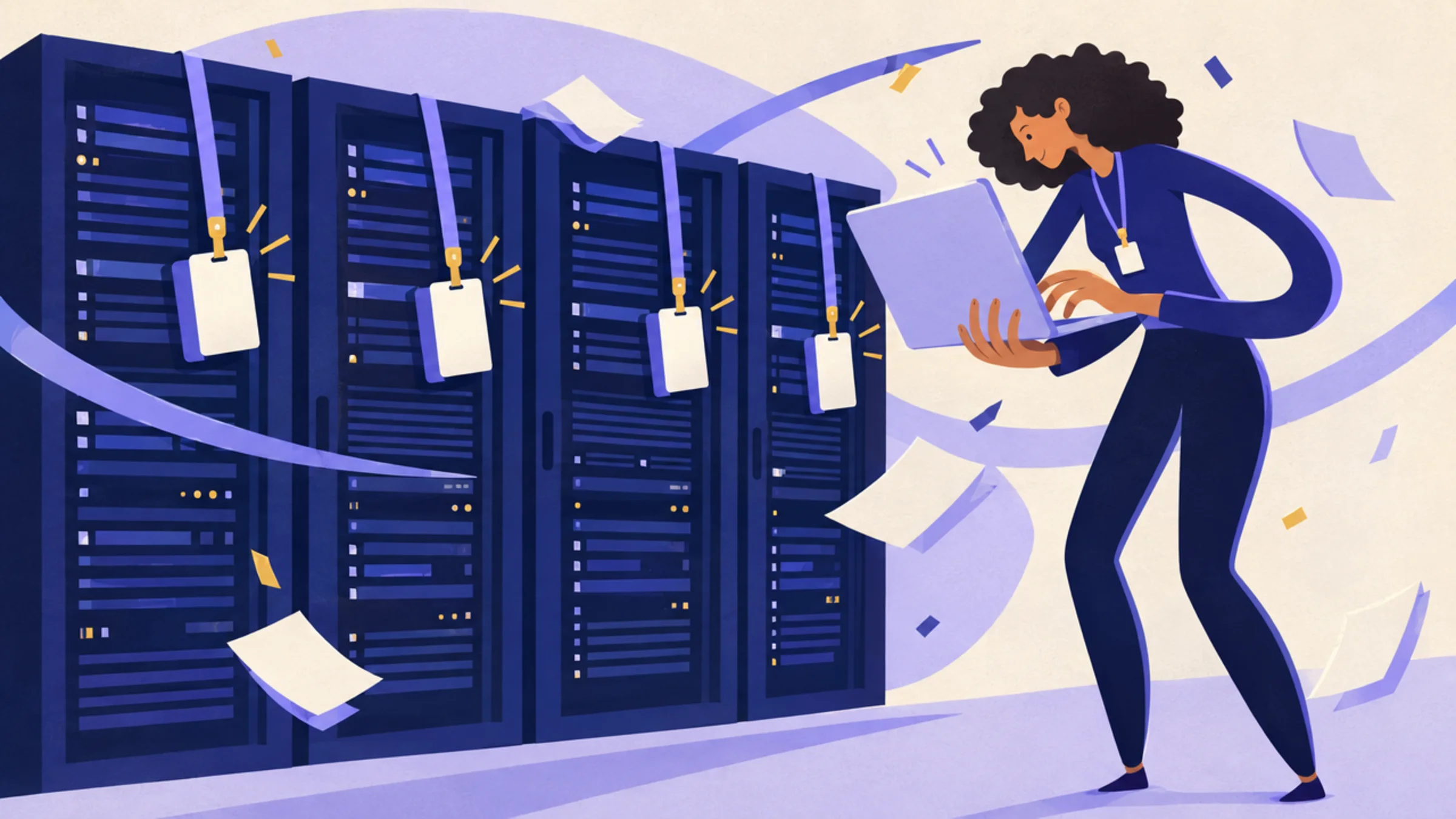 An illustration of an engineer beside a row of server racks, working on a laptop while blank ID badges hang from each rack.