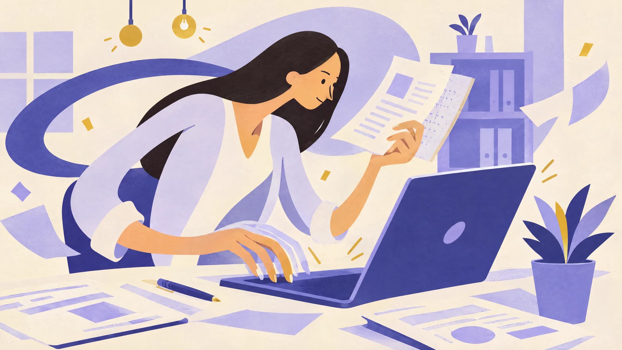 An illustration of a woman typing at her laptop while she studies a printed page that carries a faint second layer of hidden marks behind it.