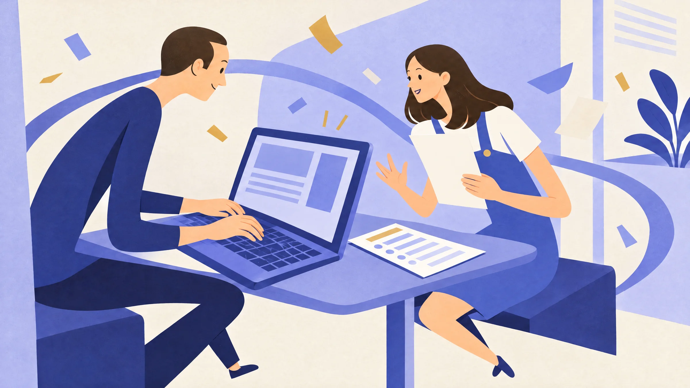An illustration of a man typing notes on a laptop in a meeting booth while a young woman across the table answers, holding a printed task.
