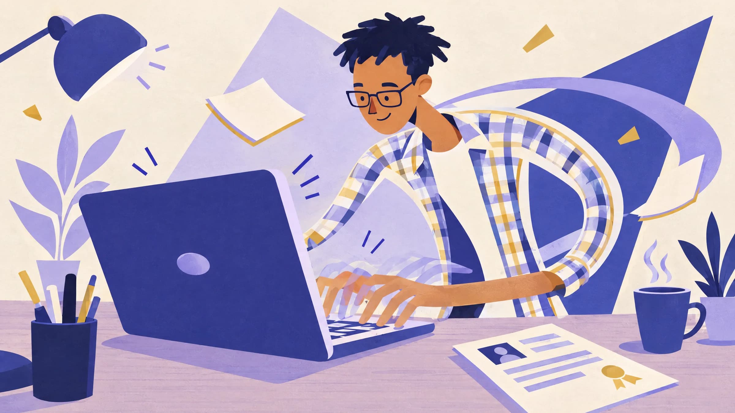 An illustration of a smiling man in glasses and a plaid shirt typing on a laptop, with a printed resume carrying a gold seal on the desk.