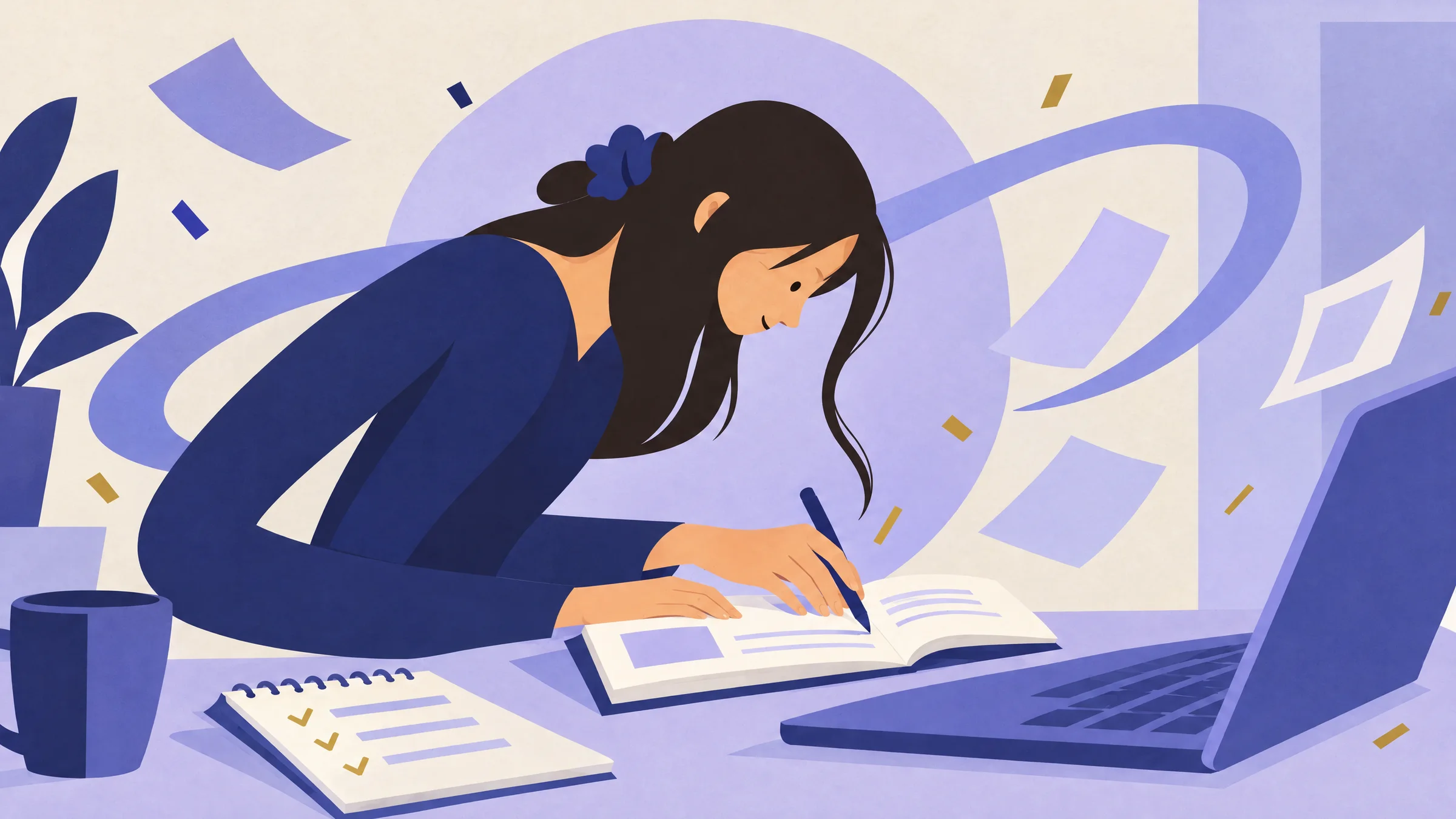 An illustration of a woman leaning over an open book to take notes beside her laptop, with a checklist of practice tasks marked with ticks.