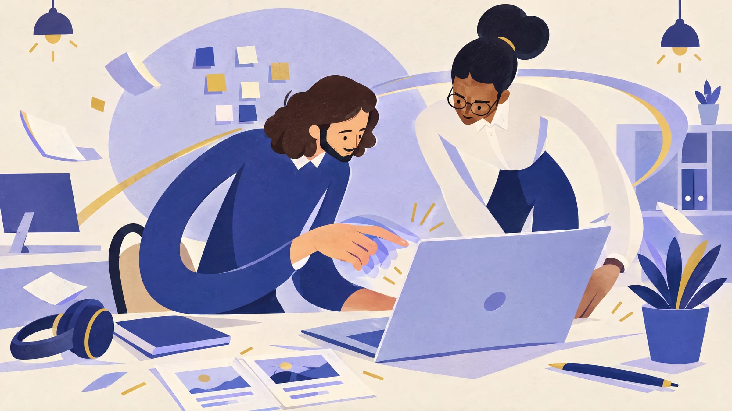 An illustration of a man at a desk pointing at his laptop screen while a colleague in a white shirt leans in to look.