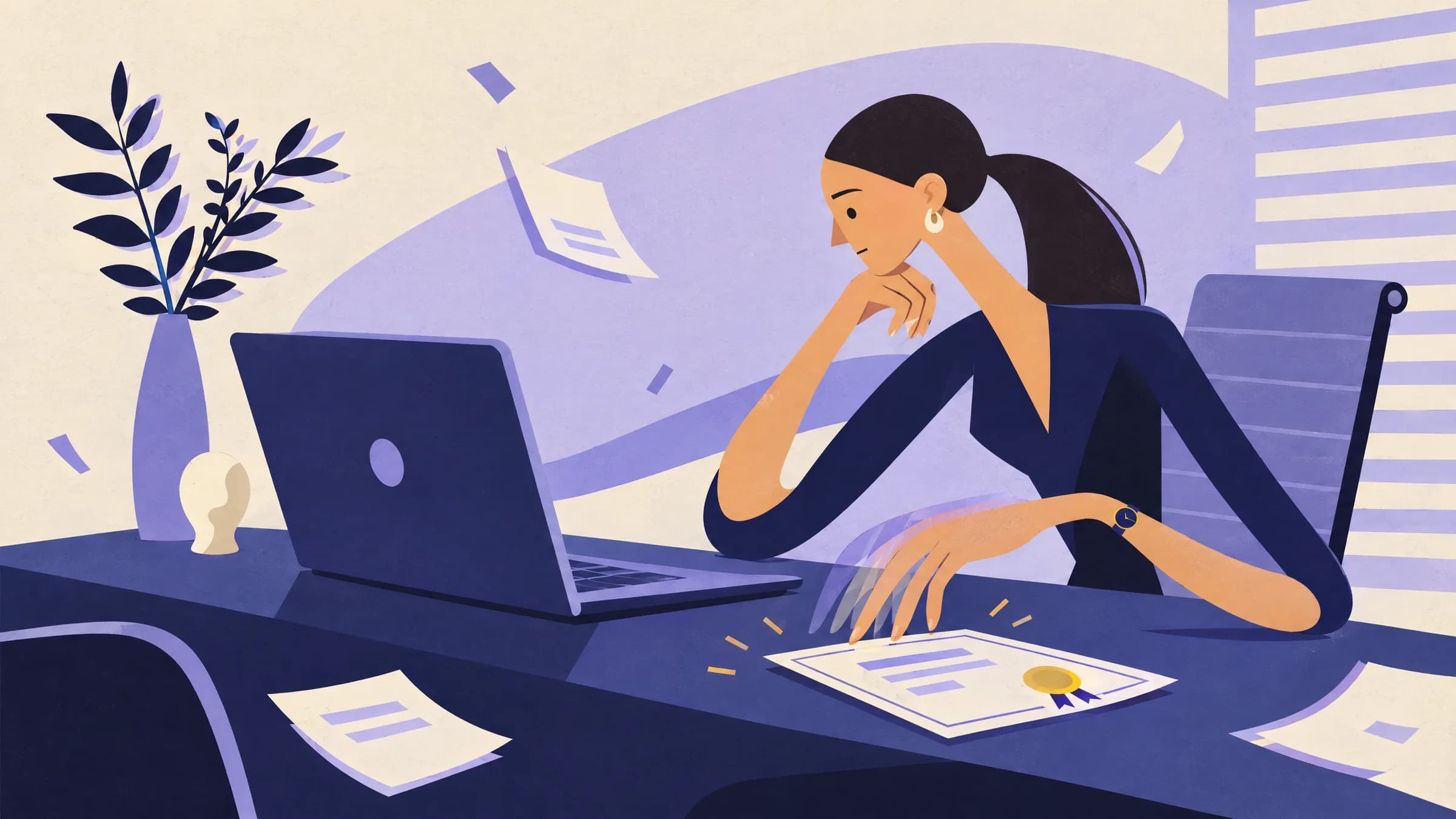 An illustration of a woman at a tidy desk resting her chin on her hand, thinking, as she touches a certificate with a gold seal beside her laptop.