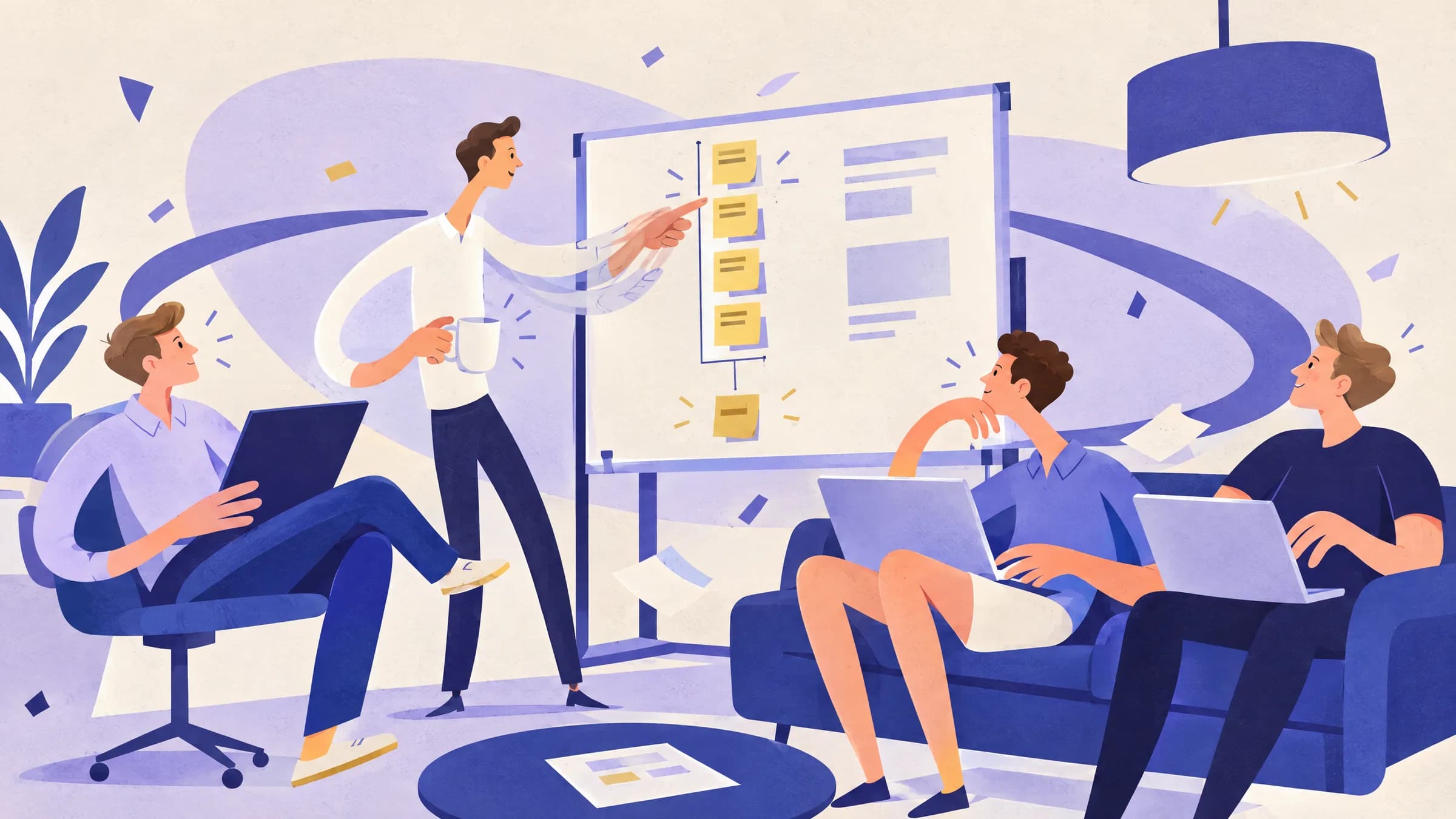 An illustration of a man holding a coffee mug and pointing to a column of sticky notes on a whiteboard while three colleagues watch from their seats.