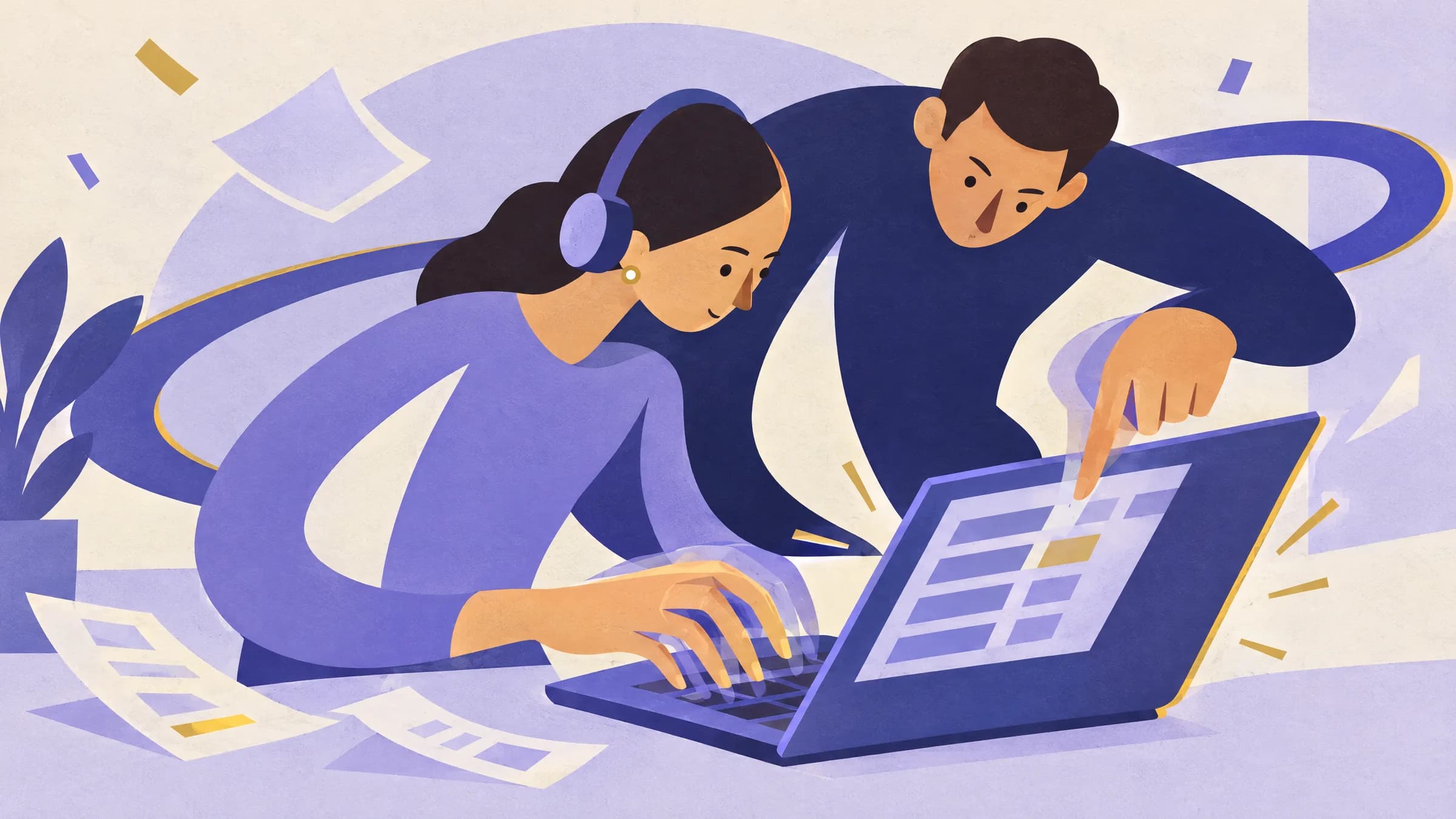 An illustration of a woman in a headset typing on a laptop while a colleague leans in beside her and points at an entry on the screen.