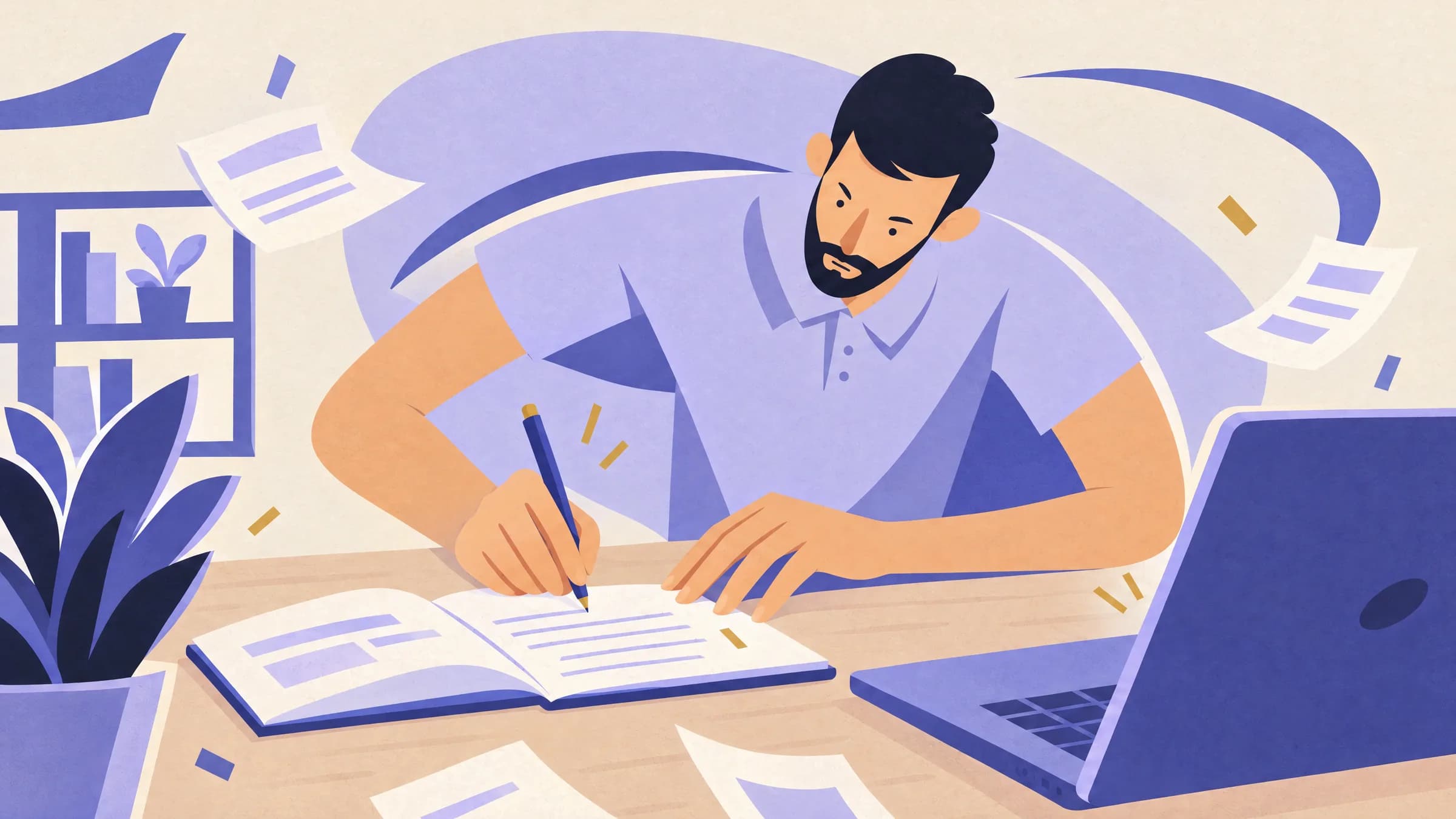 An illustration of a bearded man leaning over a desk to write in a notebook with a pen, beside an open laptop.