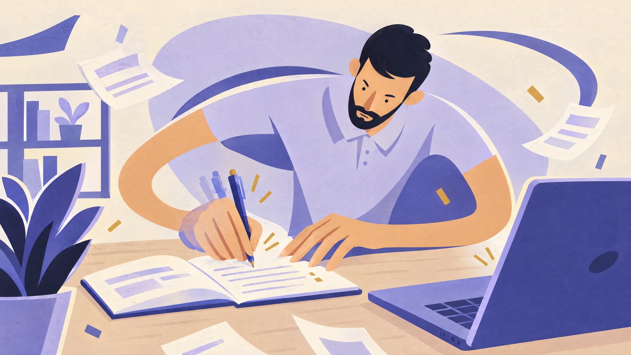 An illustration of a bearded man leaning over a desk to write in a notebook with a pen, beside an open laptop.
