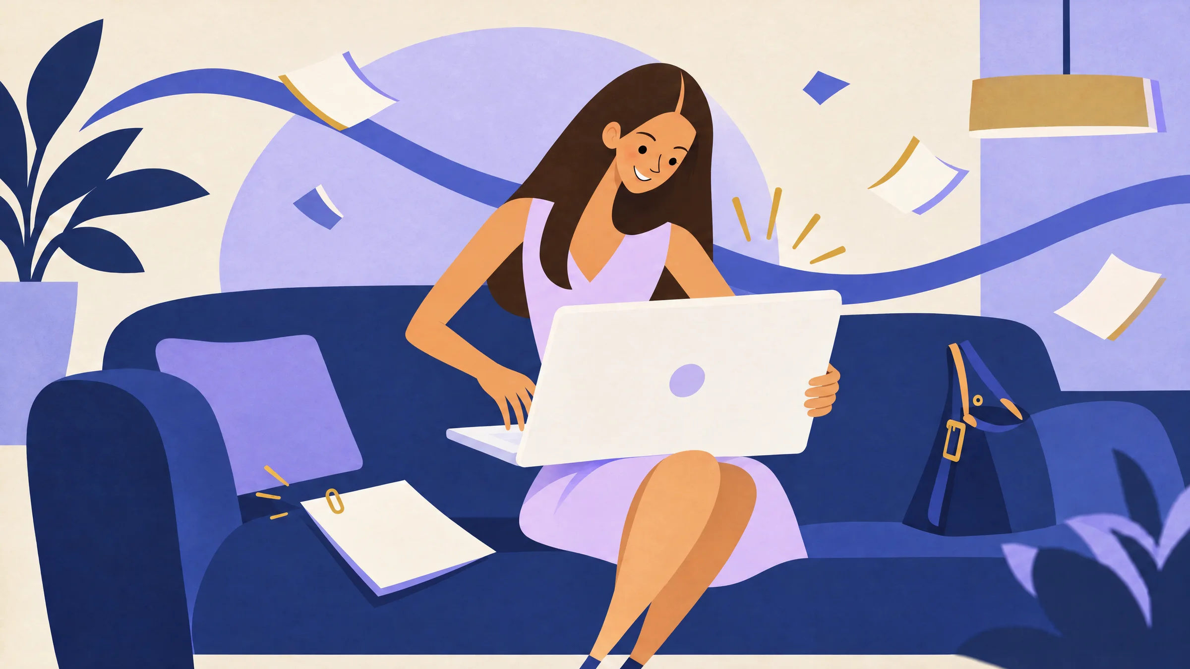 An illustration of a smiling woman sitting on a sofa with a laptop on her lap, a letter page with a gold paper clip on the cushion beside her.
